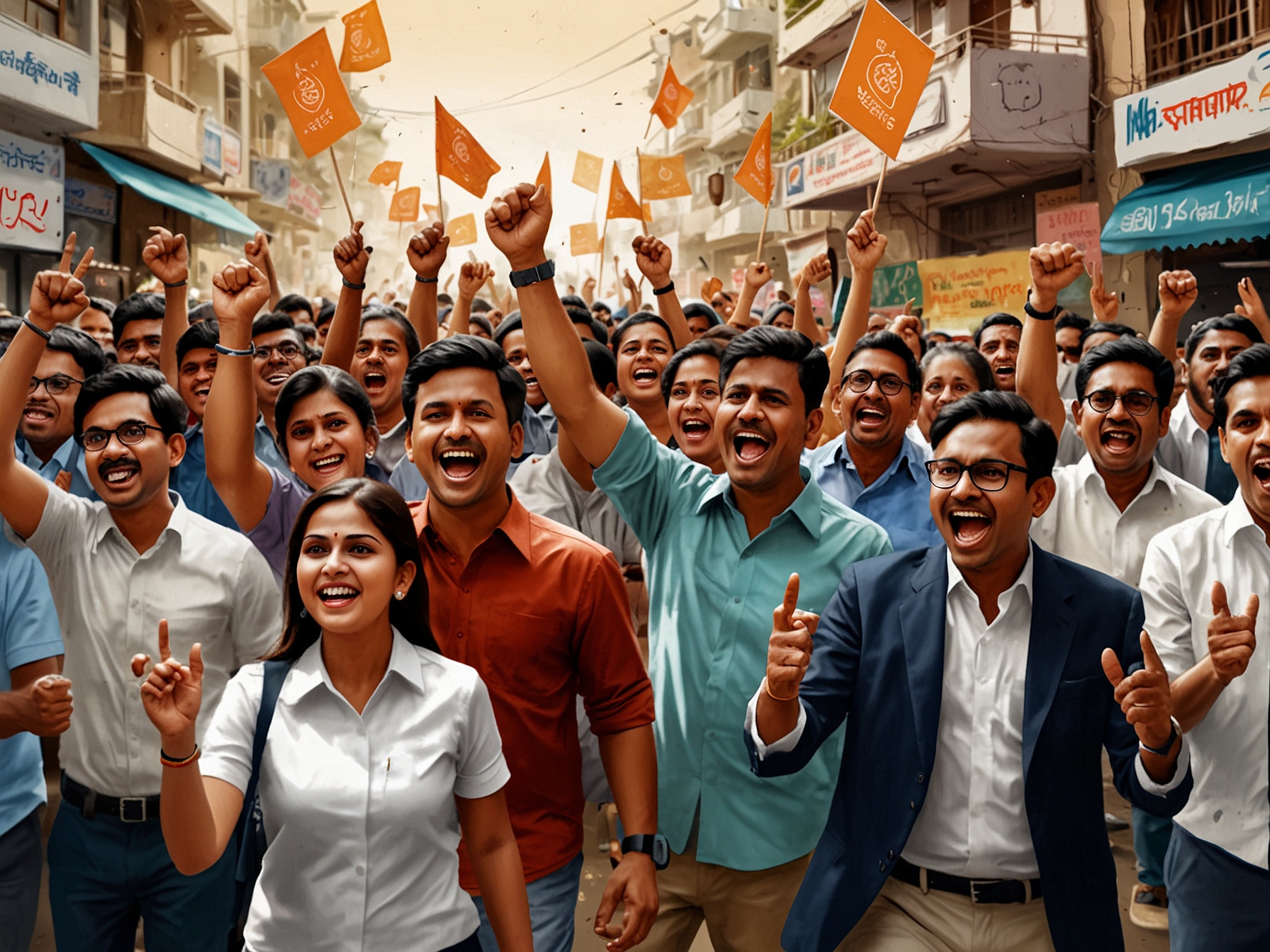 A vibrant image of excited voters in Mumbai, showcasing the high energy and anticipation surrounding the upcoming Maharashtra elections, with placards of various political parties.