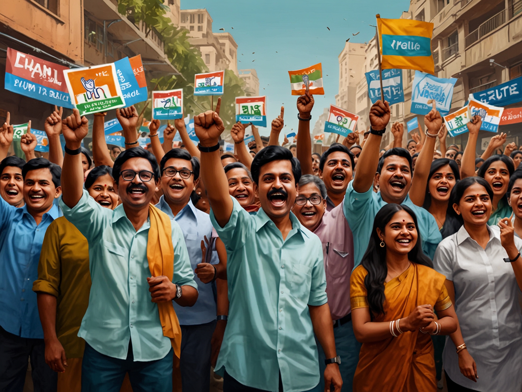 A political rally in Maharashtra, featuring energetic speeches by leaders like Eknath Shinde and Sharad Pawar, symbolizing the fervor and drama of the election period.