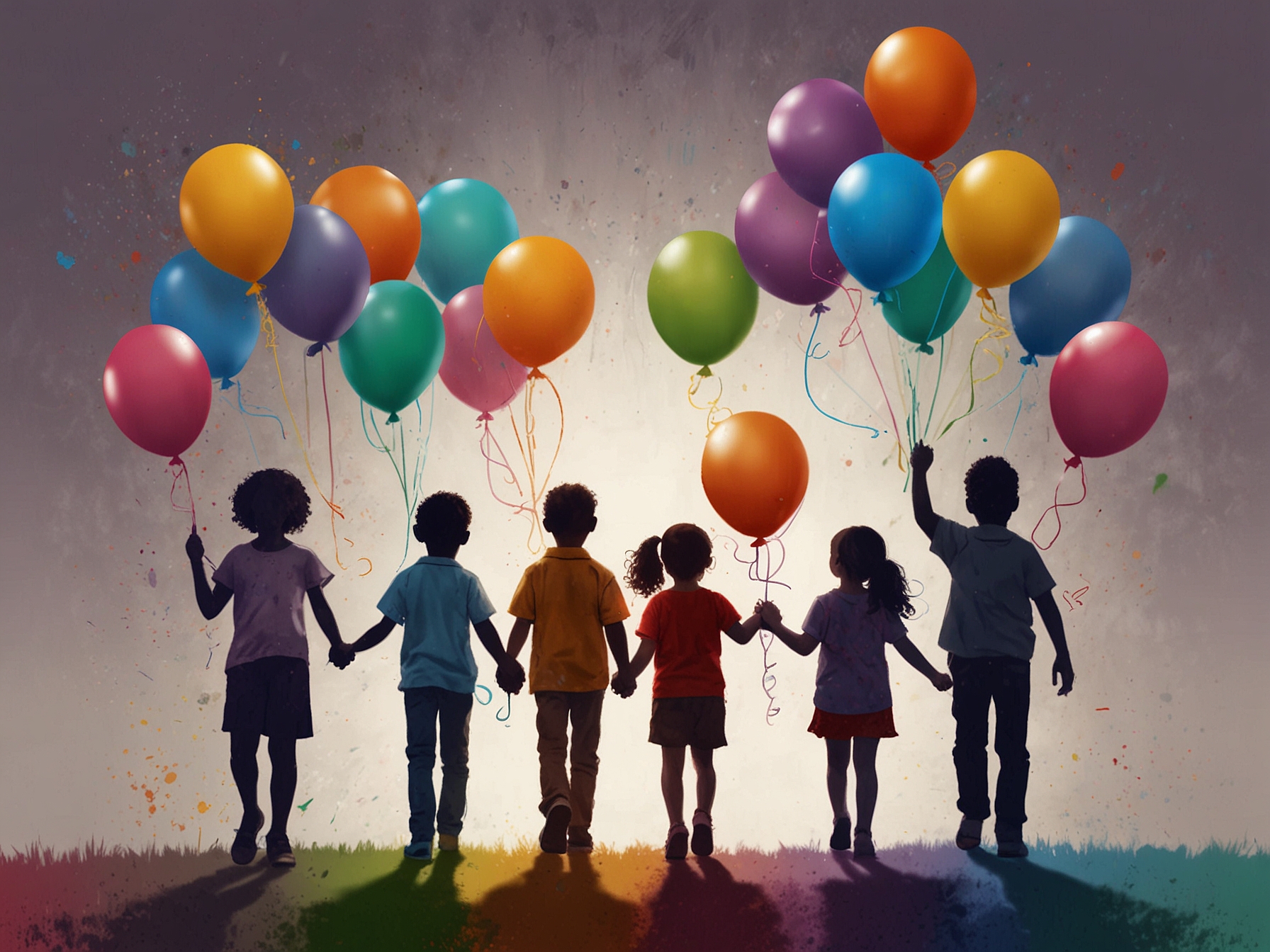 A diverse group of children holding hands, with colorful balloons in the background, symbolizing unity and celebration of children's rights on World Children's Day.
