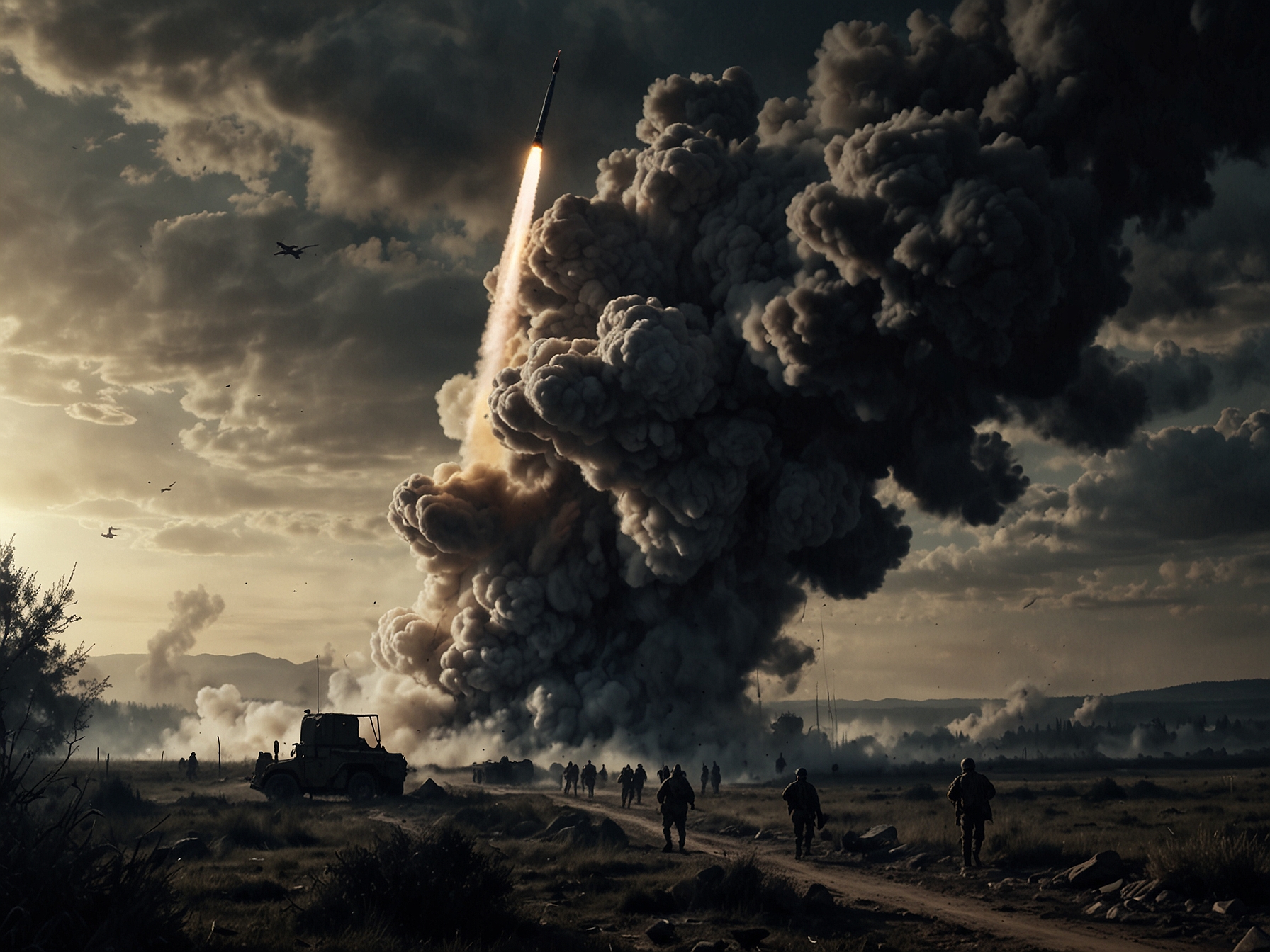 A dramatic scene depicting a missile launch, symbolizing Ukraine's use of ATACMS against Russian targets, with a backdrop of smoke and the silhouettes of military personnel strategizing.