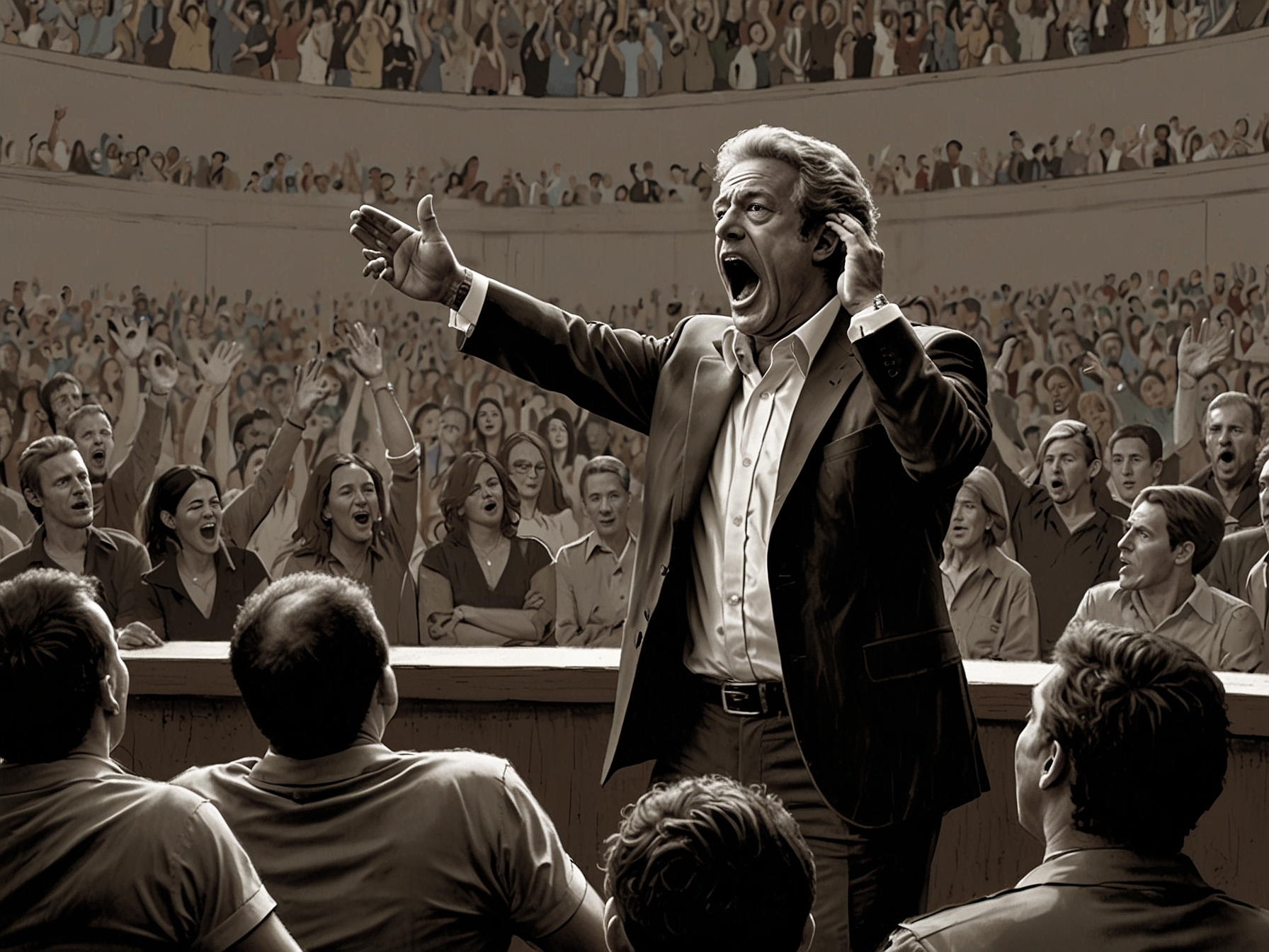 A tense scene showing Marcelo Longobardi on stage, visibly upset, surrounded by hostile supporters of Javier Milei, capturing the emotional turmoil of the moment.