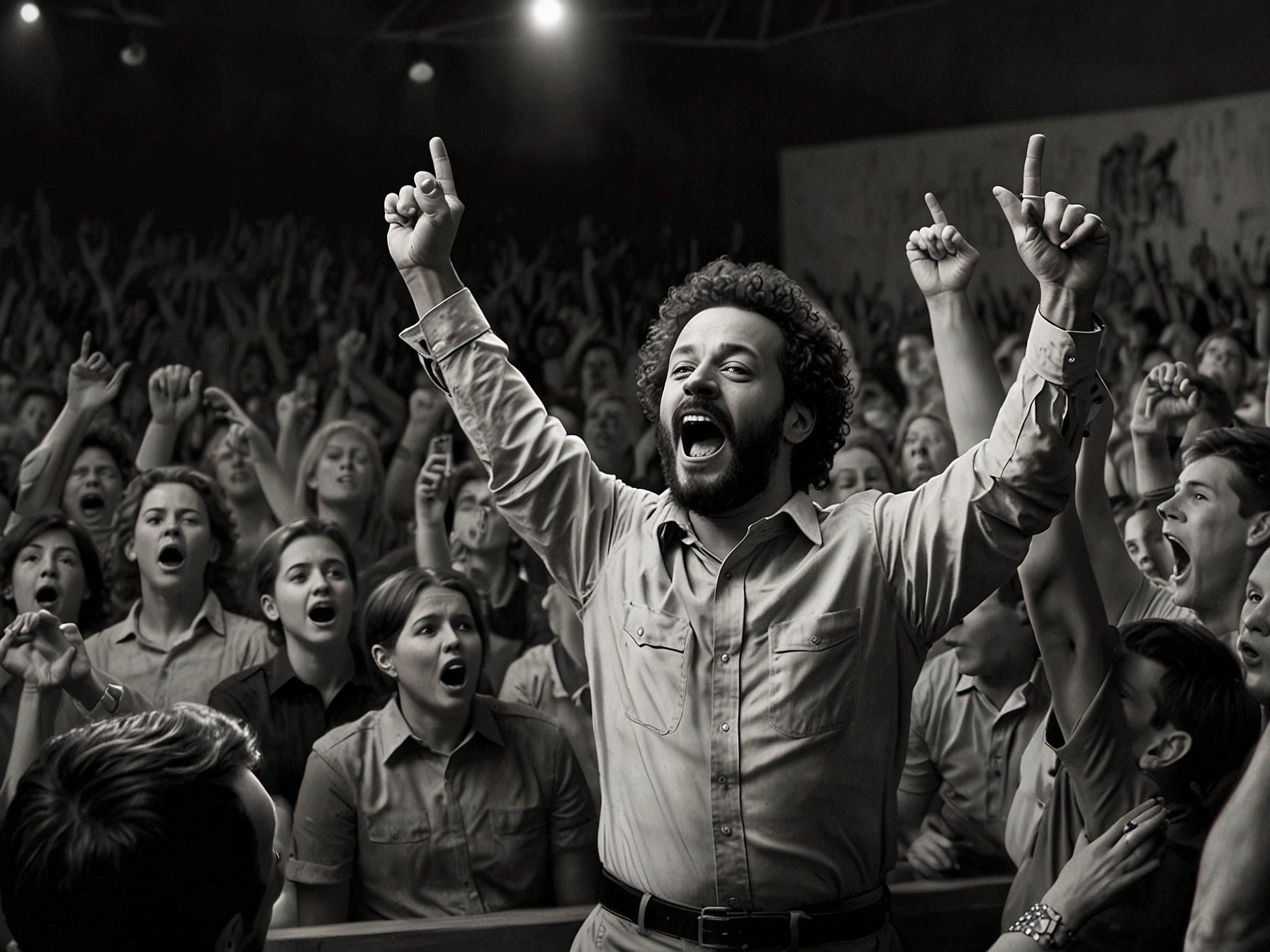 A crowded event with Javier Milei's supporters, showcasing the chaotic atmosphere that led to Longobardi's emotional breakdown.