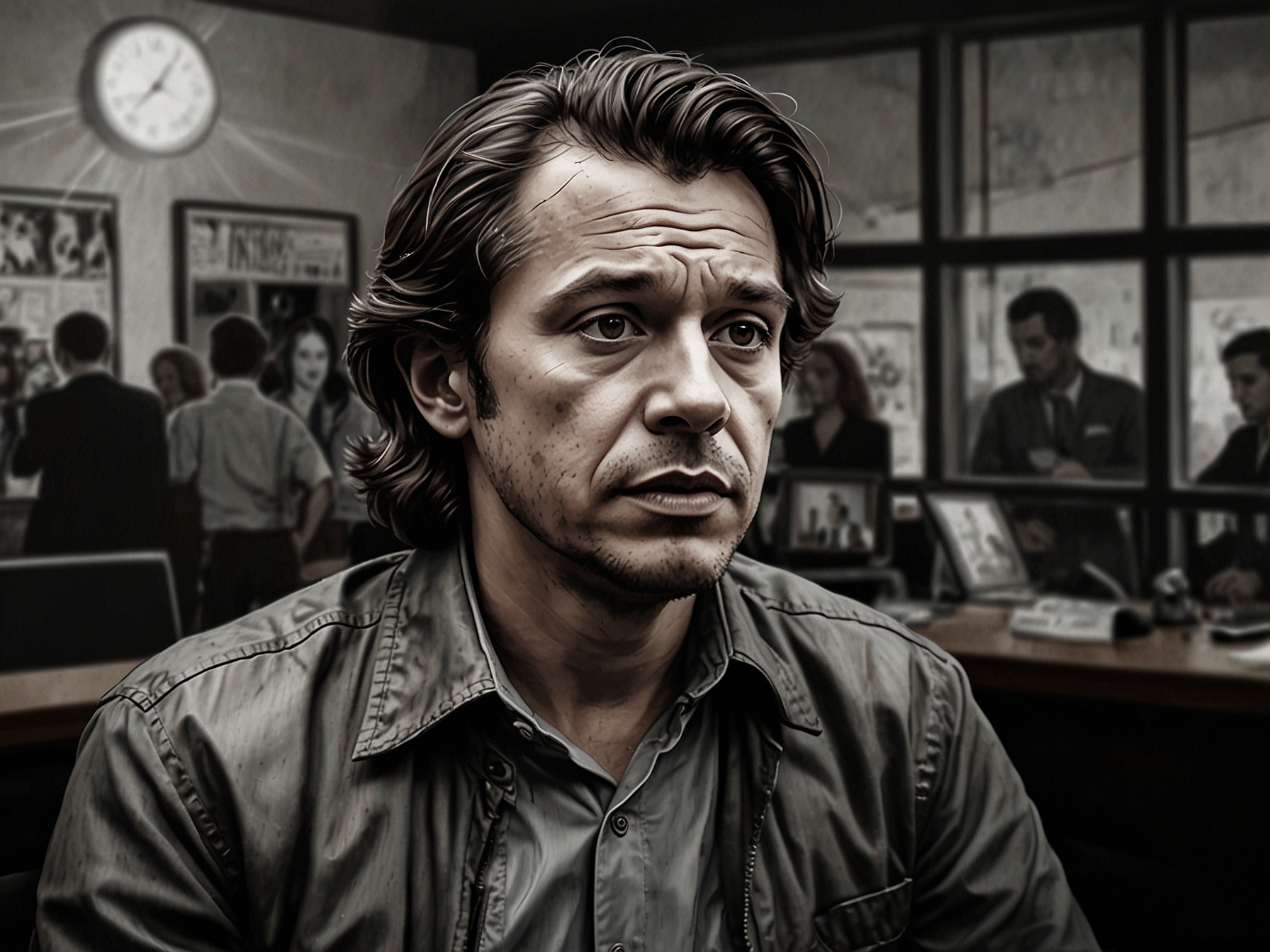 An intense photograph of Javier Milei during an interview, conveying his emotional frustration, with the backdrop of a modern media studio reflecting the clash between politics and journalism.
