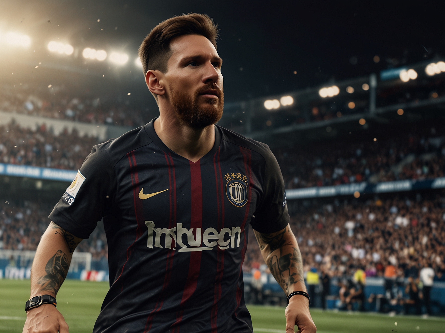 An image capturing Lionel Messi in action, showcasing his determination and skill on the pitch during a match for Inter Miami, dressed in his team's kit with fans cheering in the background.