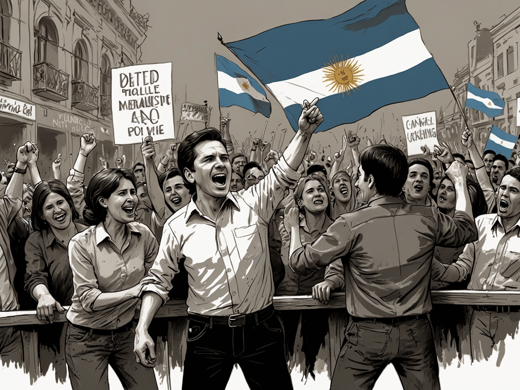 A tense political rally in Argentina with supporters and critics clashing, capturing the chaotic atmosphere surrounding Javier Milei's administration. Banners and signs reflect the political divide, with Santiago Caputo speaking to an enthusiastic crowd, illustrating the controversy.