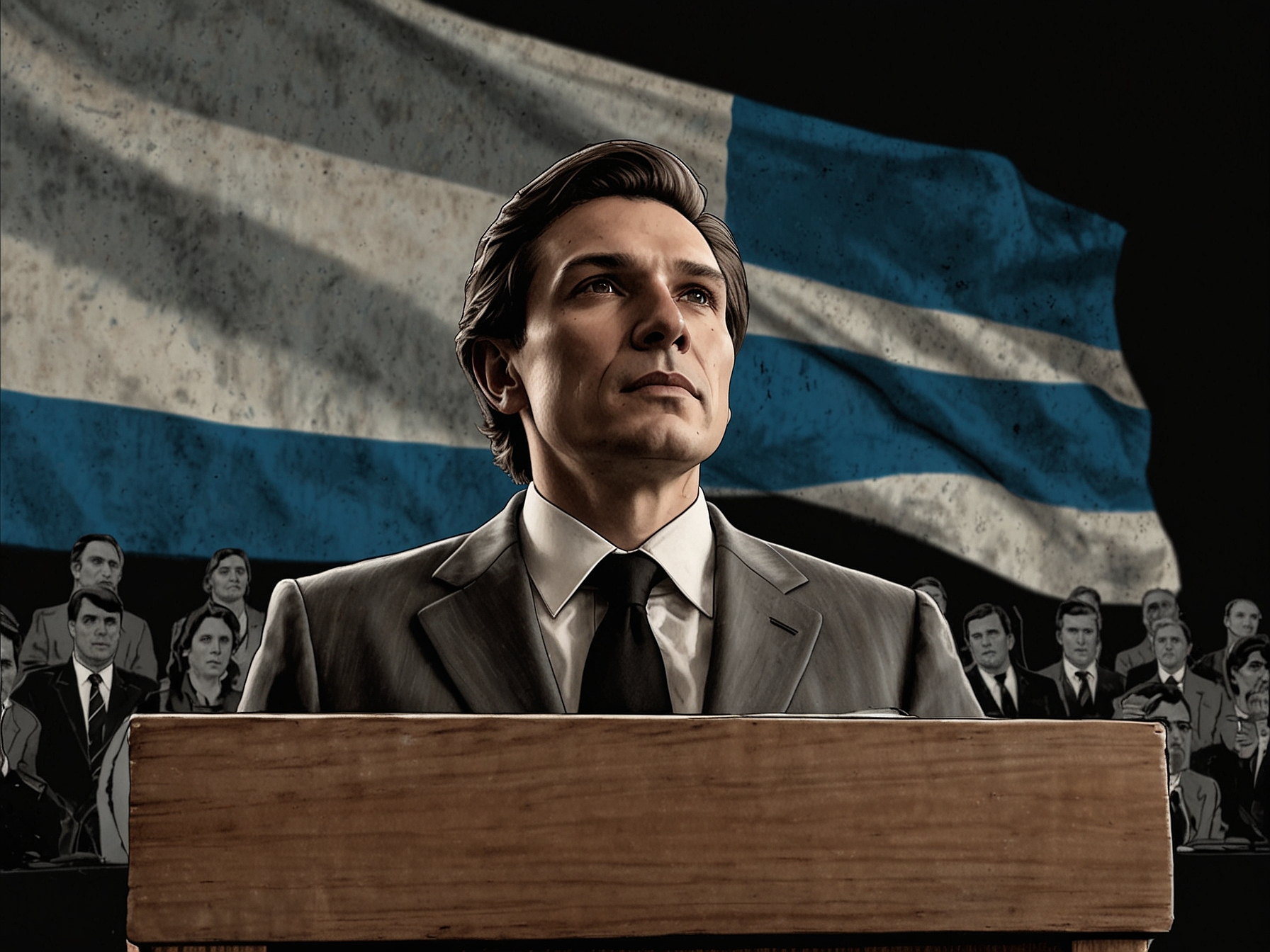 A striking image of Javier Milei speaking passionately at a podium, set against a background of the Argentine flag, symbolizing his bold vision for the country's future.
