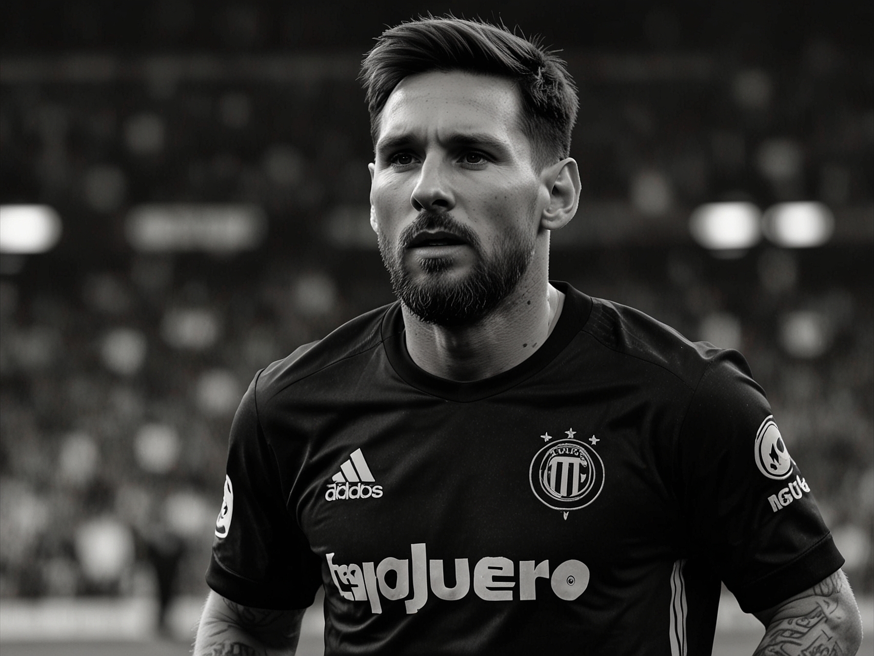 A close-up of Messi holding the Copa America trophy, his eyes glistening with emotion, surrounded by teammates celebrating the victory, reflecting the culmination of hard work and dedication.