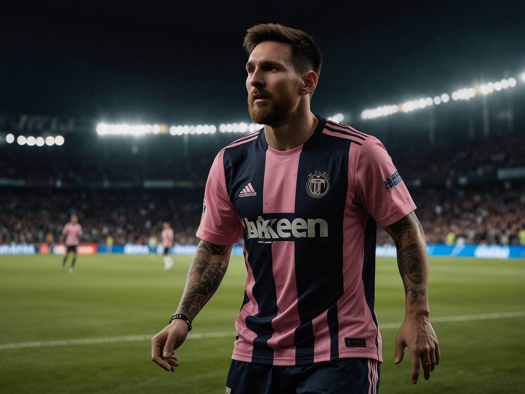 Fans fervently cheering for Messi during a match, waving flags and holding banners, embodying the passionate support he receives as he aims to solidify his legacy in football.