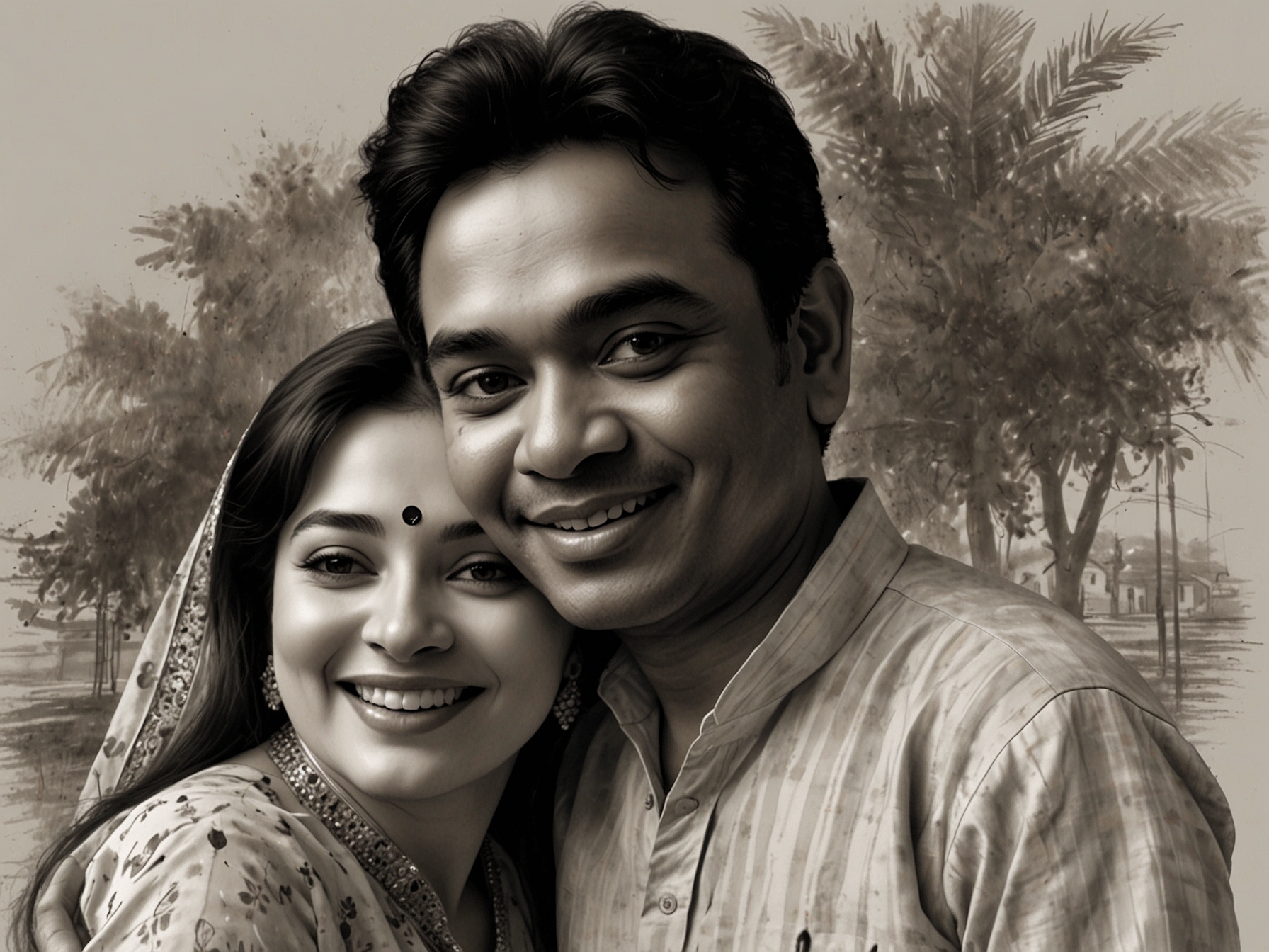 A poignant image of A.R. Rahman and Saira Banu earlier in their marriage, showcasing a mix of joy and nostalgia as they smile together in a family setting, capturing the bittersweet essence of their journey.