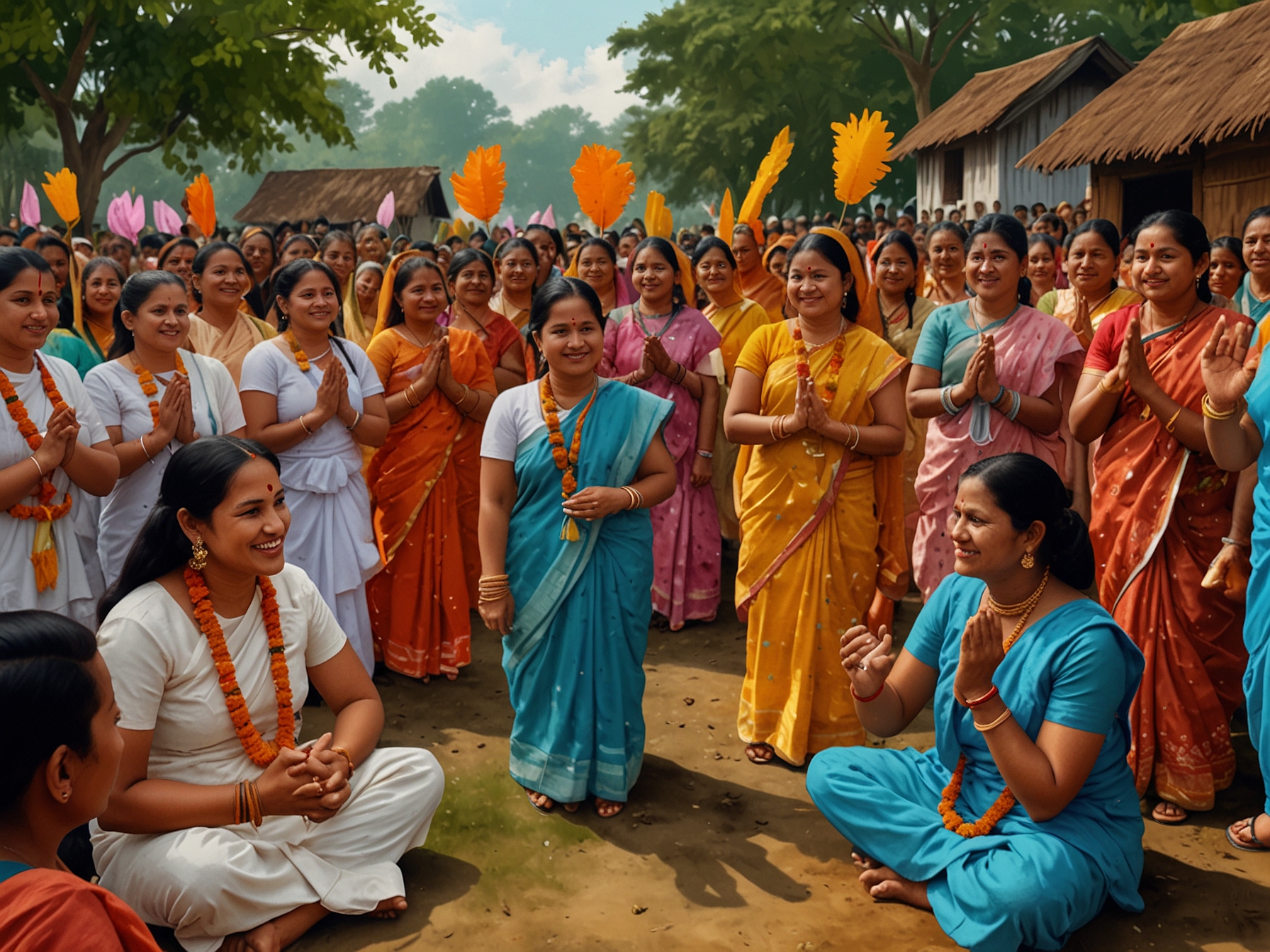 A vibrant celebration in Assam showcasing locals participating in a cultural festival, symbolizing the spirit of community and the newly embraced identity of Sribhumi, with traditional attire and joyful expressions.