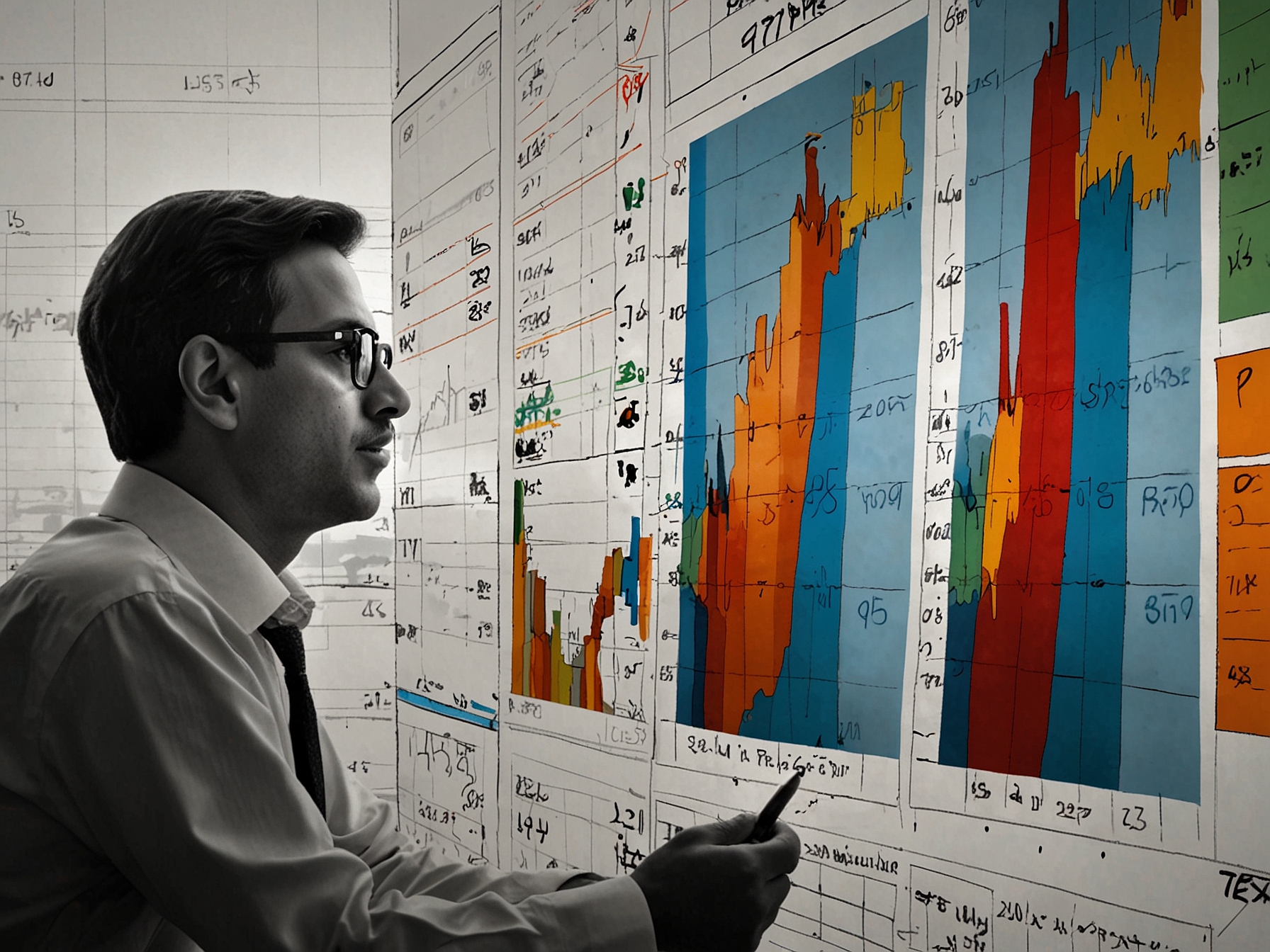 An image showing a stock market display board with fluctuating graphs, illustrating the volatility in the Sensex alongside an investor expressing mixed emotions.