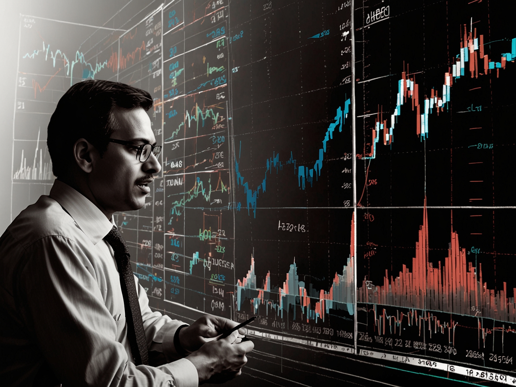 A close-up of an investor analyzing stock prices on a digital screen with images of geopolitical maps and financial news headlines in the background.