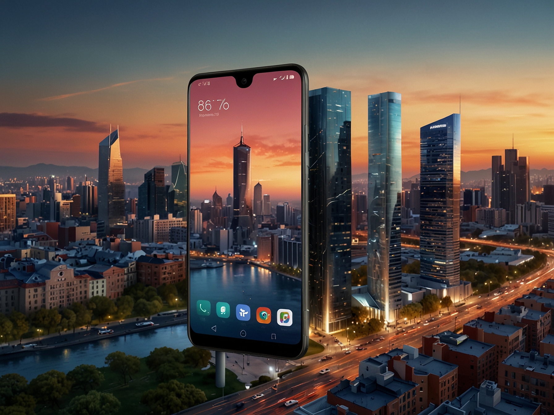 A close-up of the Redmi A4 5G in a hand, highlighting its interface and features, against a bright energetic background that reflects the excitement of the upcoming launch.