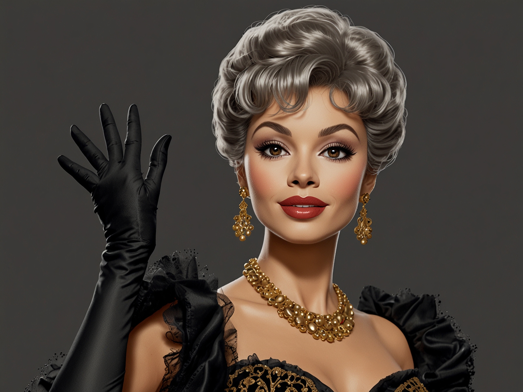 The Rita Moreno Barbie doll showcasing her stunning black-and-gold gown and opera gloves, embodying the elegance and trailblazing spirit of the legendary actress.
