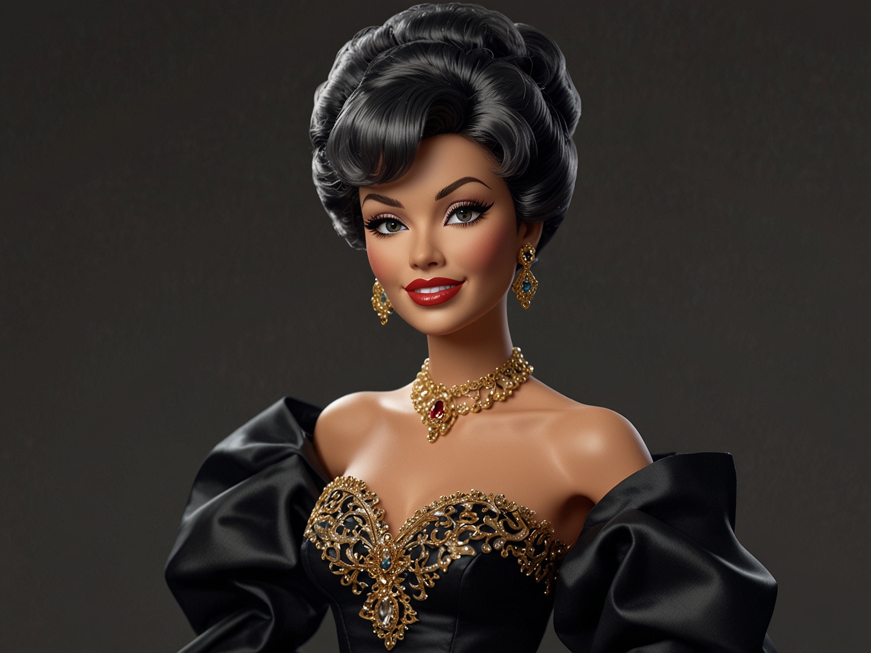 Rita Moreno attending a glamorous event, wearing the original gown that inspired her Barbie doll, evoking memories of her remarkable career and influence in Hollywood.