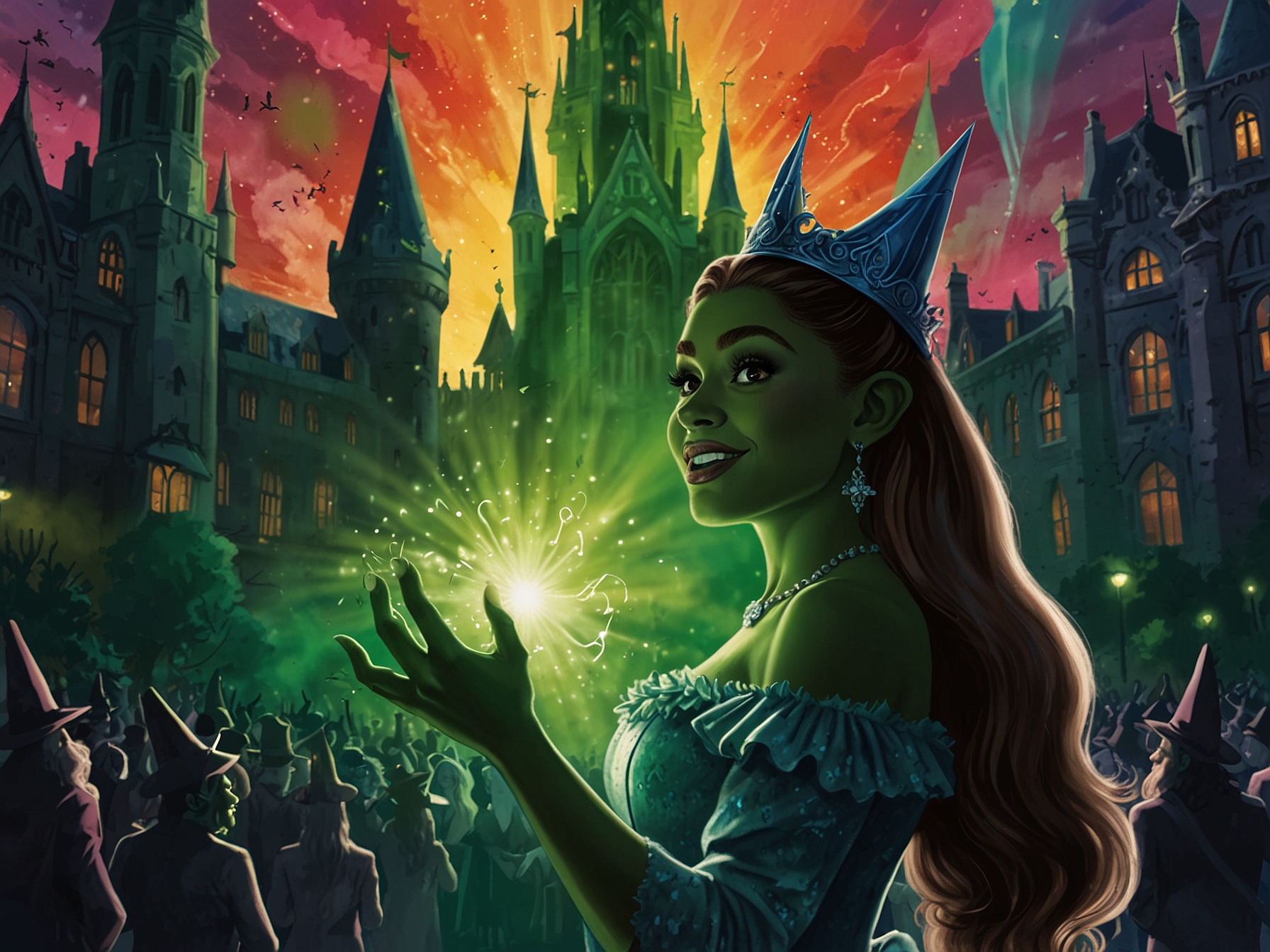 A vibrant scene from the film Wicked, showcasing Ariana Grande as Glinda and Cynthia Erivo as Elphaba against the colorful backdrop of Shiz University, capturing their dynamic chemistry.