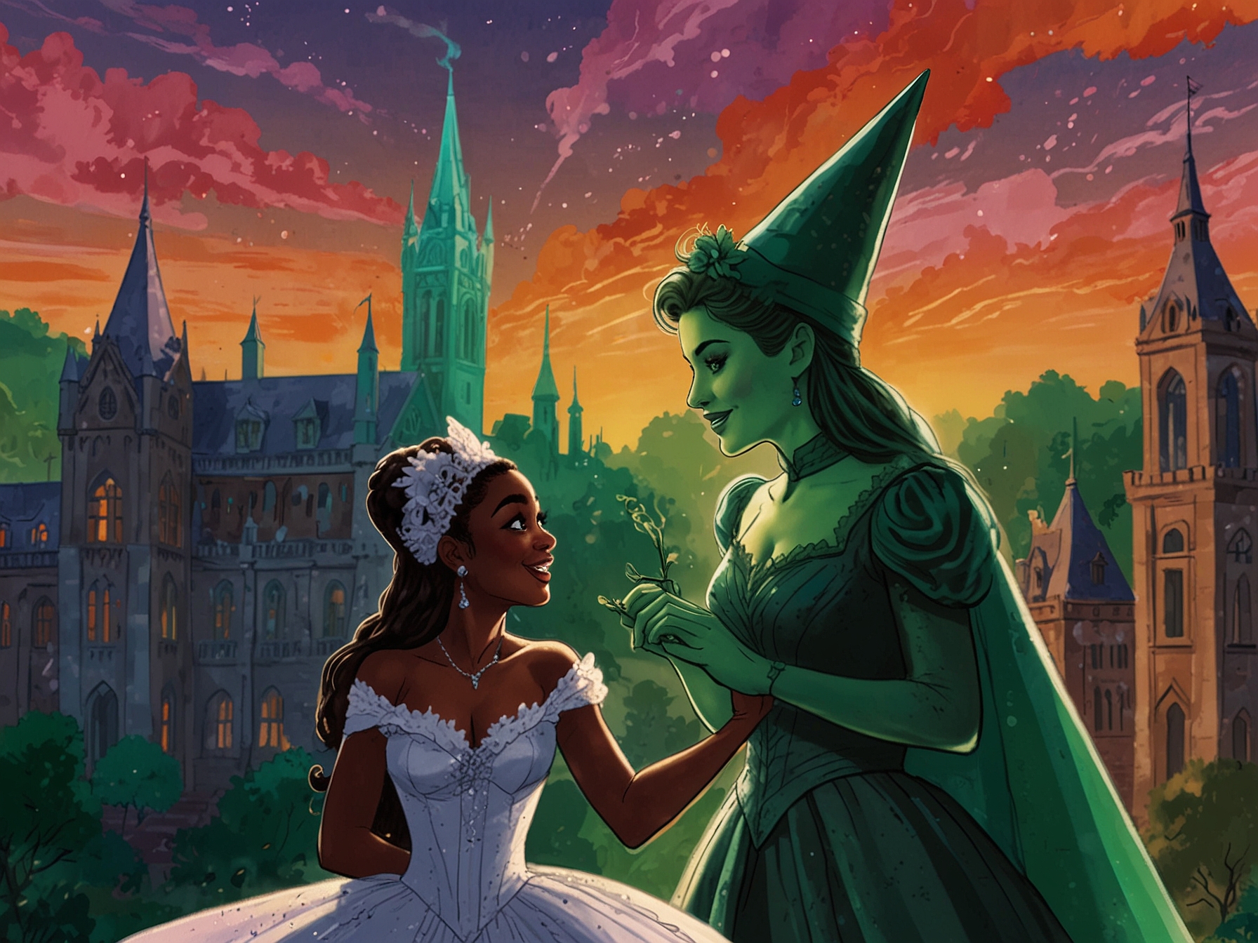 A snapshot of a musical performance in Wicked, with Grande and Erivo delivering powerful vocals, surrounded by a bustling ensemble cast, highlighting the film's visual and emotional appeal.