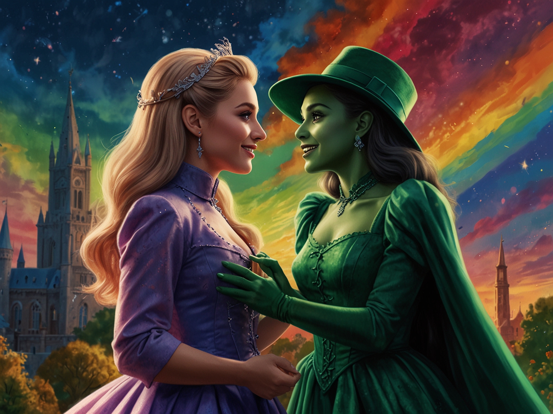An intimate moment between Glinda and Elphaba, reflecting their bond and emotional journey, perfectly encapsulating the themes of friendship and resilience in Wicked's adaptation.