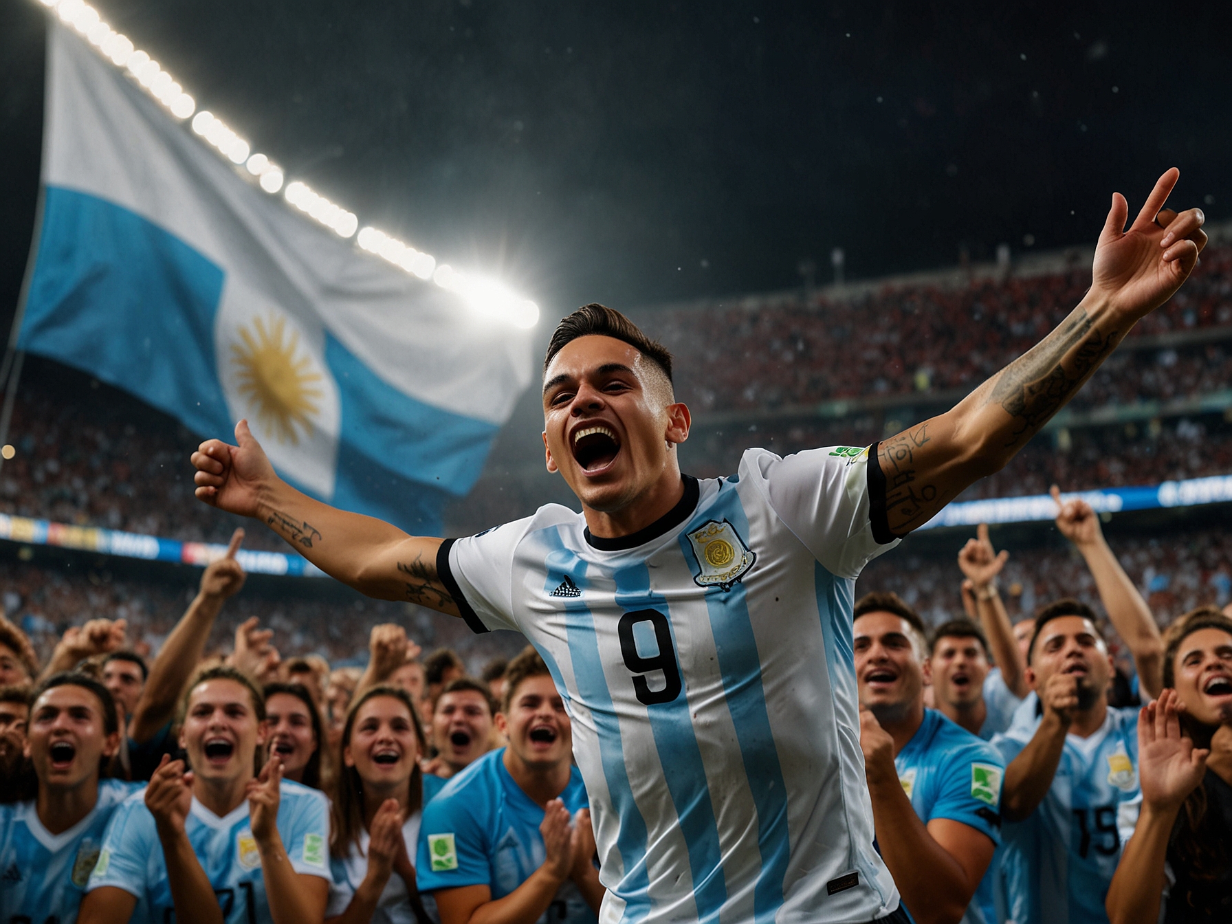 A jubilant Lautaro Martinez celebrates scoring the winning goal for Argentina against Peru, with fans in the background cheering passionately at the Estadio Monumental.