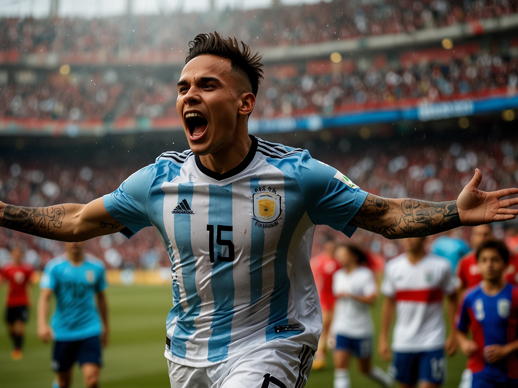 The packed stands of Estadio Monumental glowing with excitement as Argentine fans wave flags and cheer during the thrilling World Cup qualifier match against Peru.