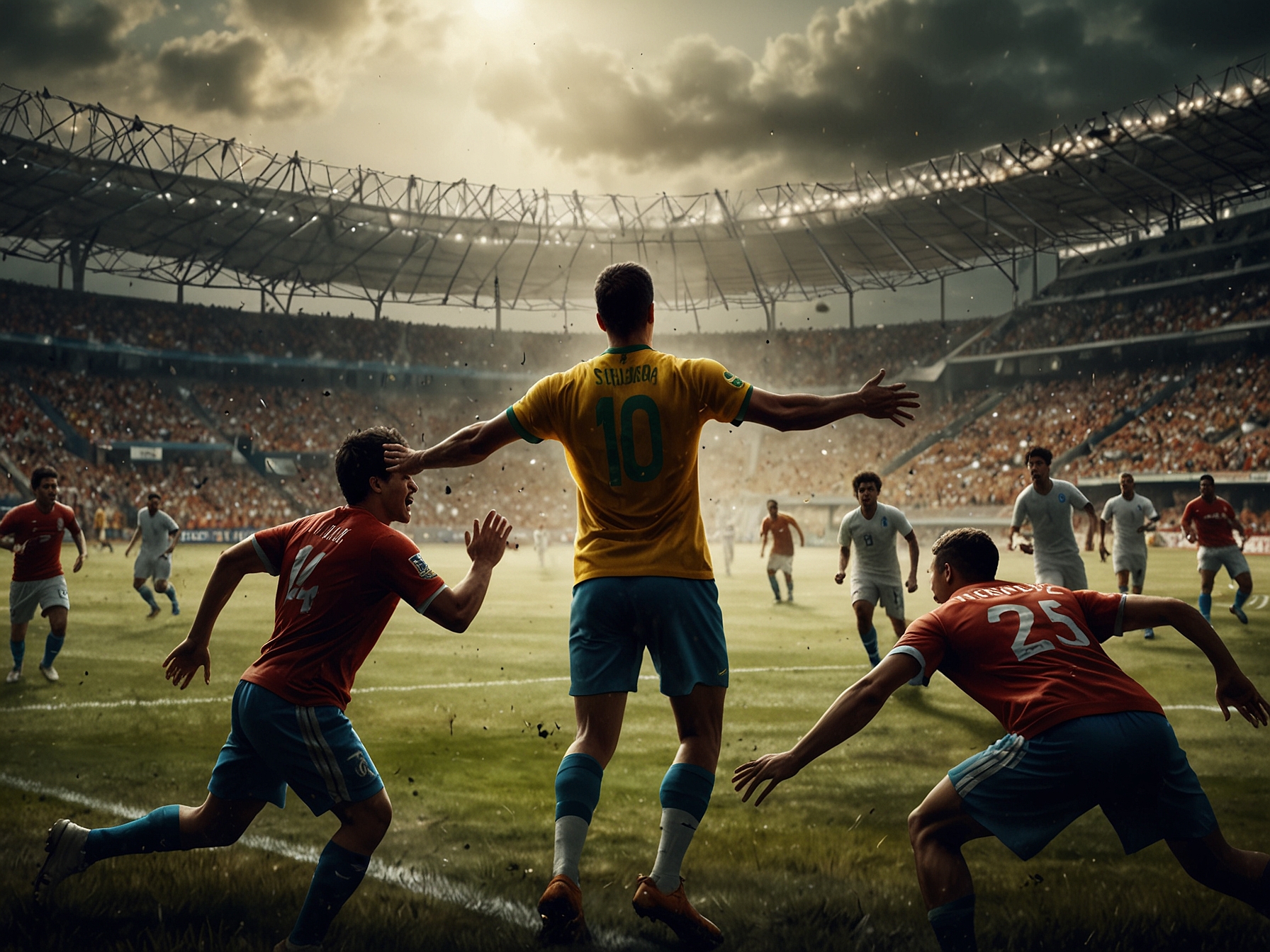 A dramatic football scene showing Brazilian and Uruguayan players clashing in a tense match, with fans passionately supporting their teams in the background, symbolizing their historic rivalry.