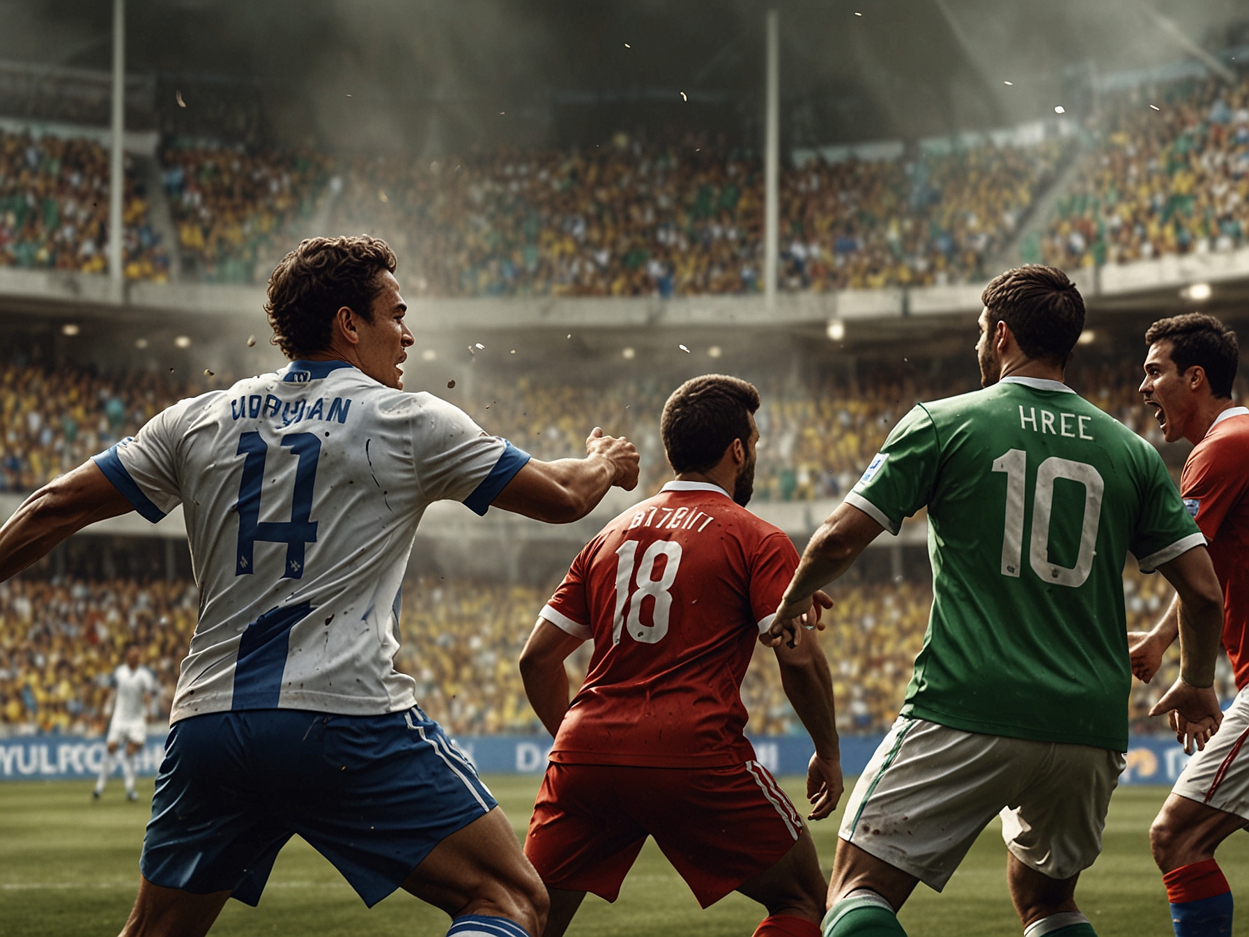 A close-up of players from Brazil and Uruguay exchanging intense looks on the pitch, capturing the essence of sportsmanship and rivalry, surrounded by a cheering crowd.