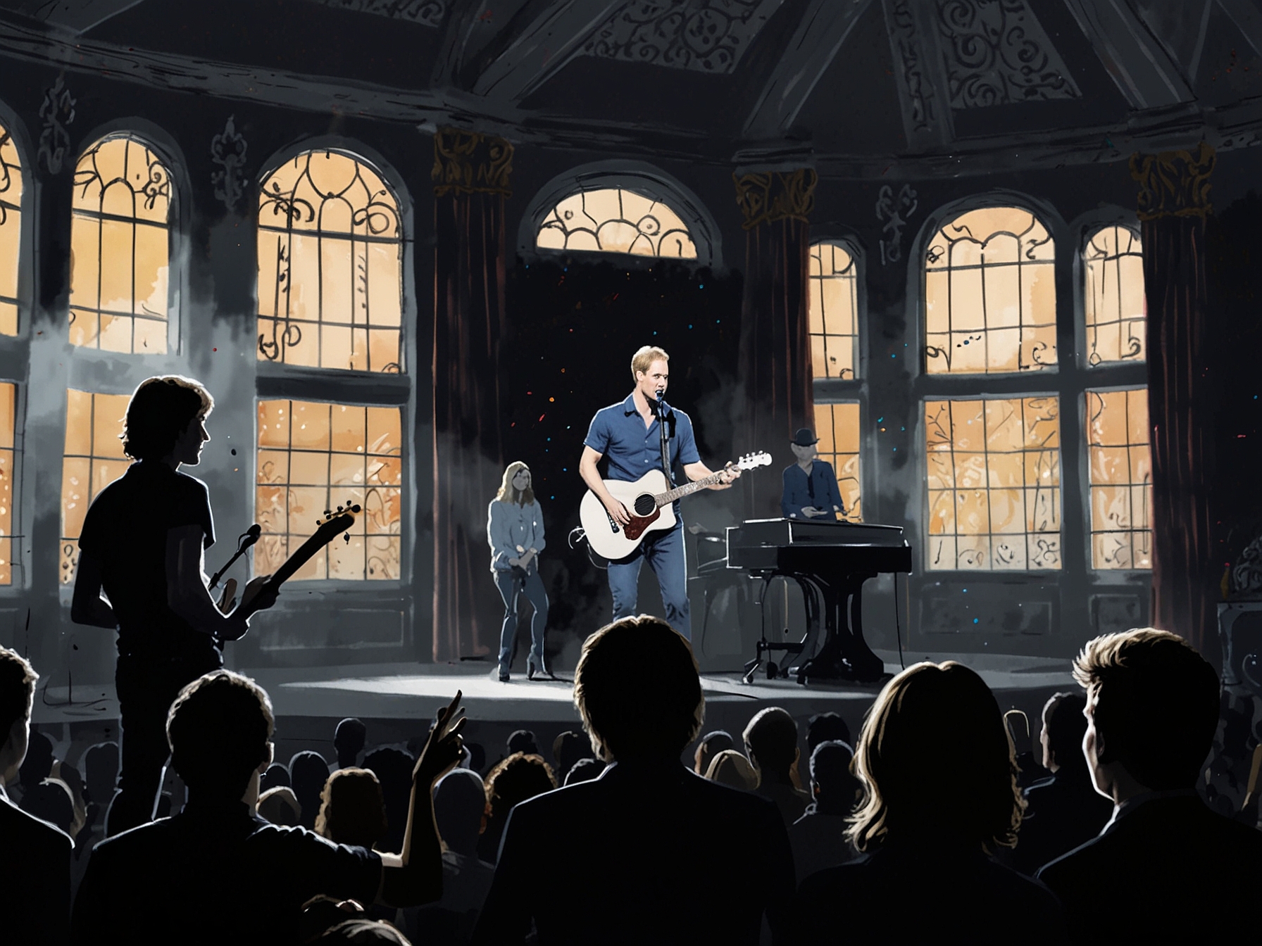 Prince William joins Jon Bon Jovi and Taylor Swift on stage at Kensington Palace, embracing the spotlight in a light-hearted karaoke performance, showcasing a vibrant atmosphere.