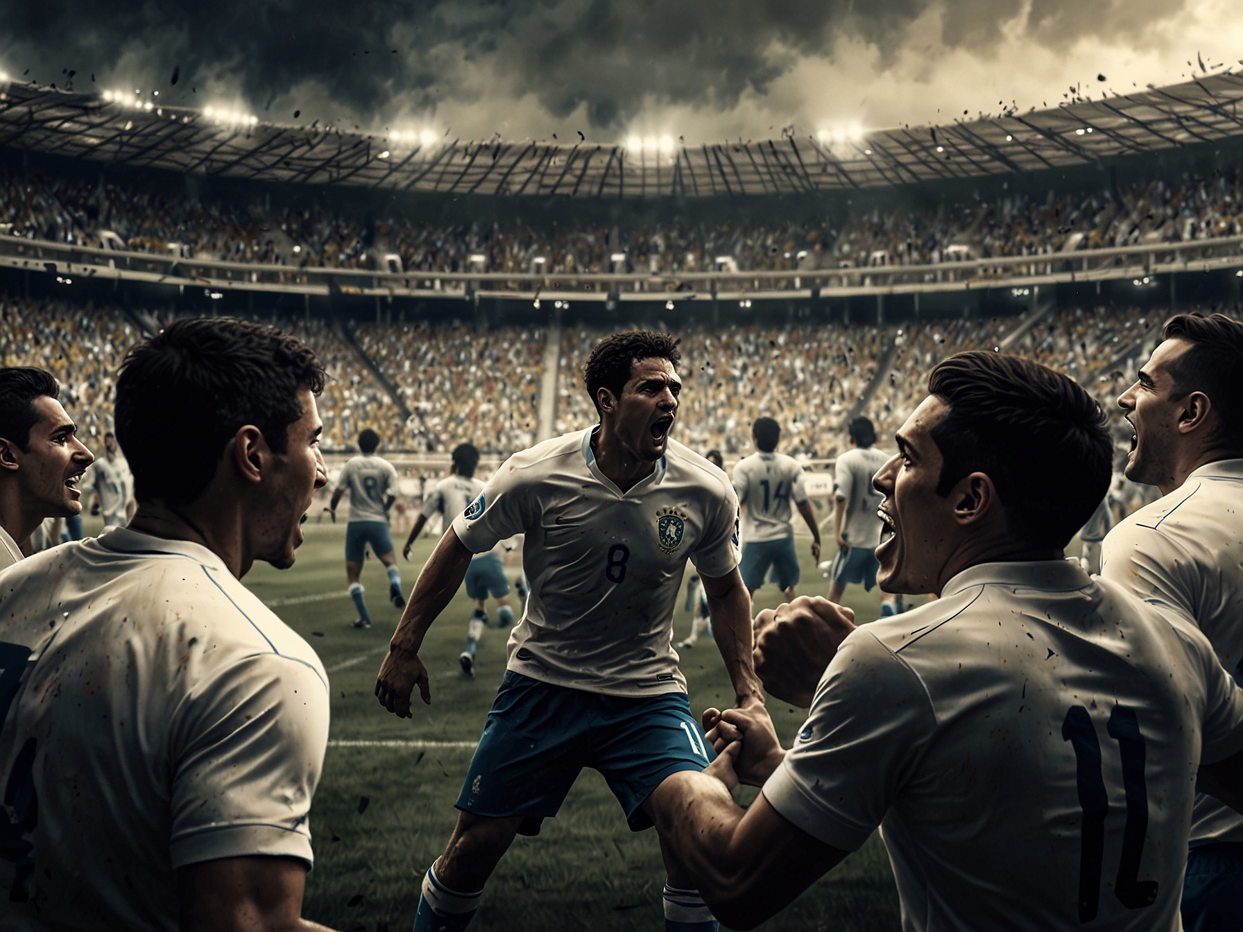 An aerial view of a packed stadium during a Brazil vs Uruguay match, showcasing vibrant colors of fans and the thrilling atmosphere as both teams battle for victory.