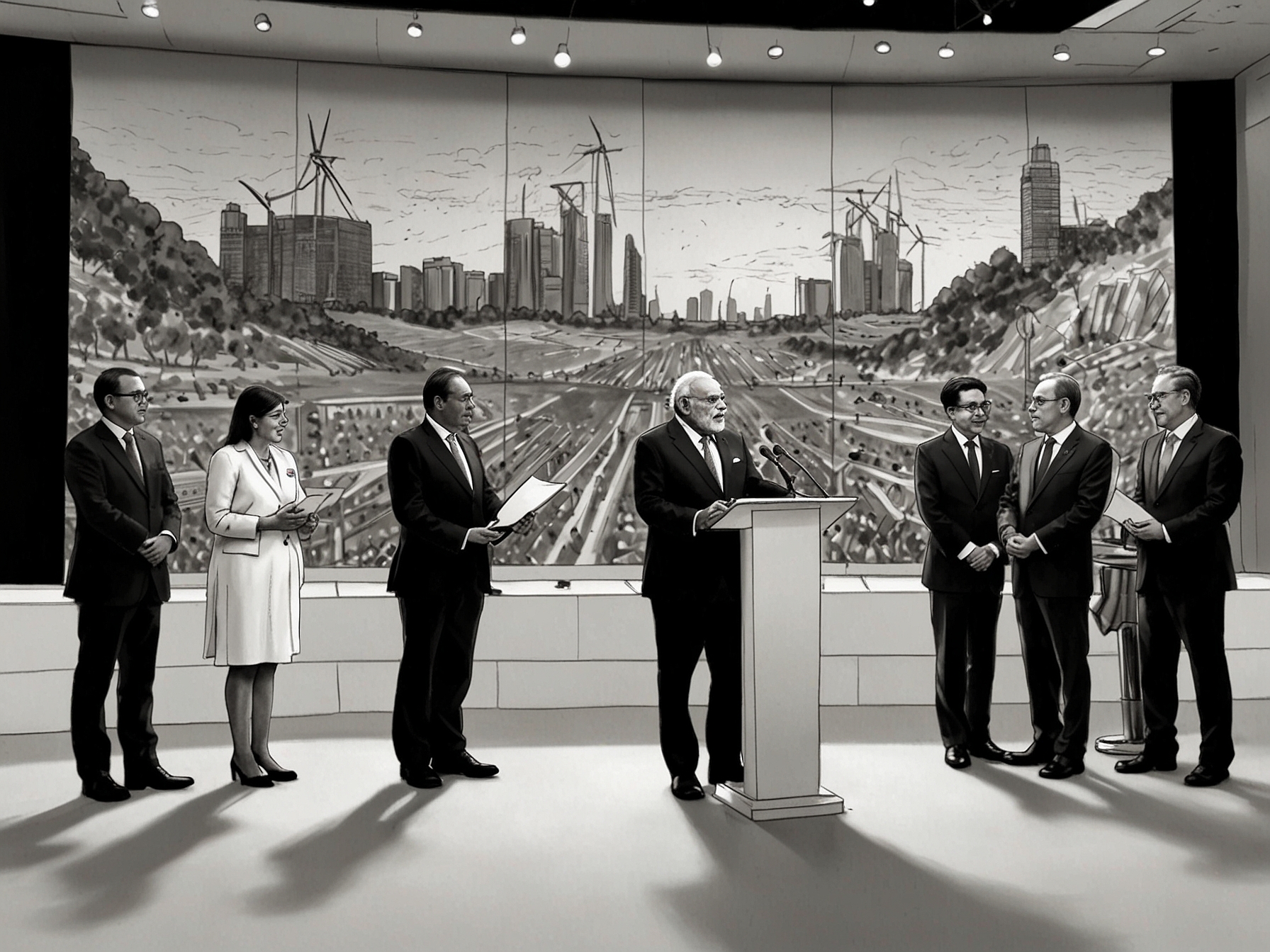 An image of Prime Minister Modi speaking at the G20 summit, surrounded by world leaders, with a backdrop showcasing renewable energy sources like solar panels and wind turbines, symbolizing unity in sustainability.