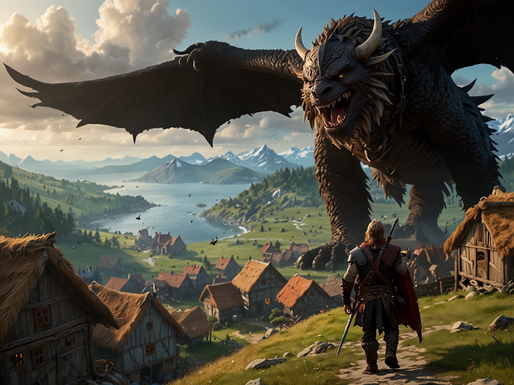 A breathtaking scene from the teaser trailer featuring a vibrant Viking village, Berk, with Hiccup extending a hand towards a majestic, injured Toothless soaring above the landscape, capturing the magical bond between them.