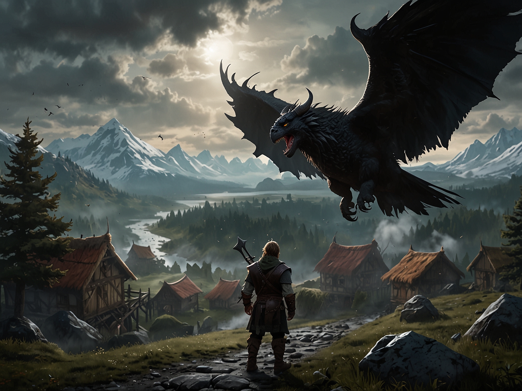 An aerial view of Berk, showcasing the picturesque Viking village surrounded by mountains and seas, with Toothless flying high, representing the adventure and visual grandeur of the upcoming film.