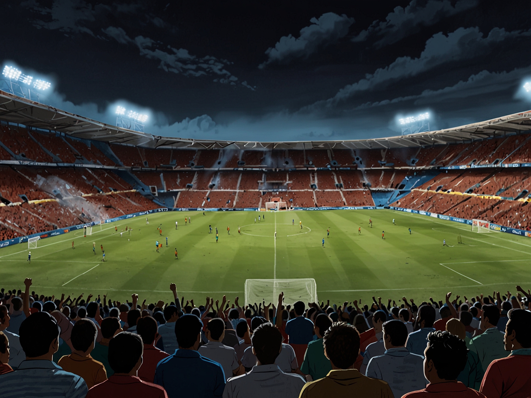 A dramatic view of the Hernán Siles Suazo stadium, filled with passionate fans, showcasing the intense atmosphere of the Bolivia vs. Paraguay match high in the Andes.