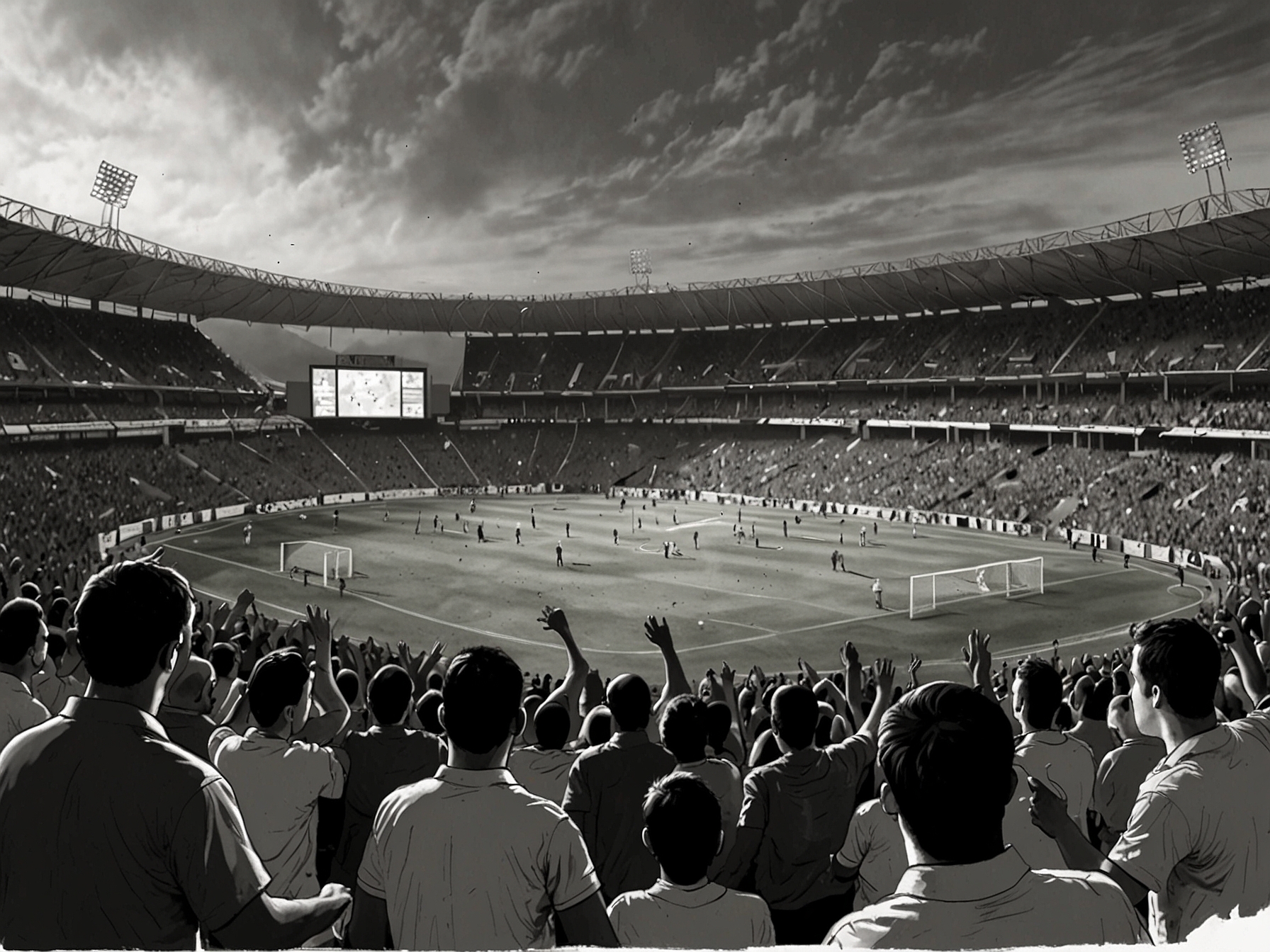 Players from both Bolivia and Paraguay in action, battling for the ball amid the stunning backdrop of the mountainous terrain and the vibrant crowd cheering.