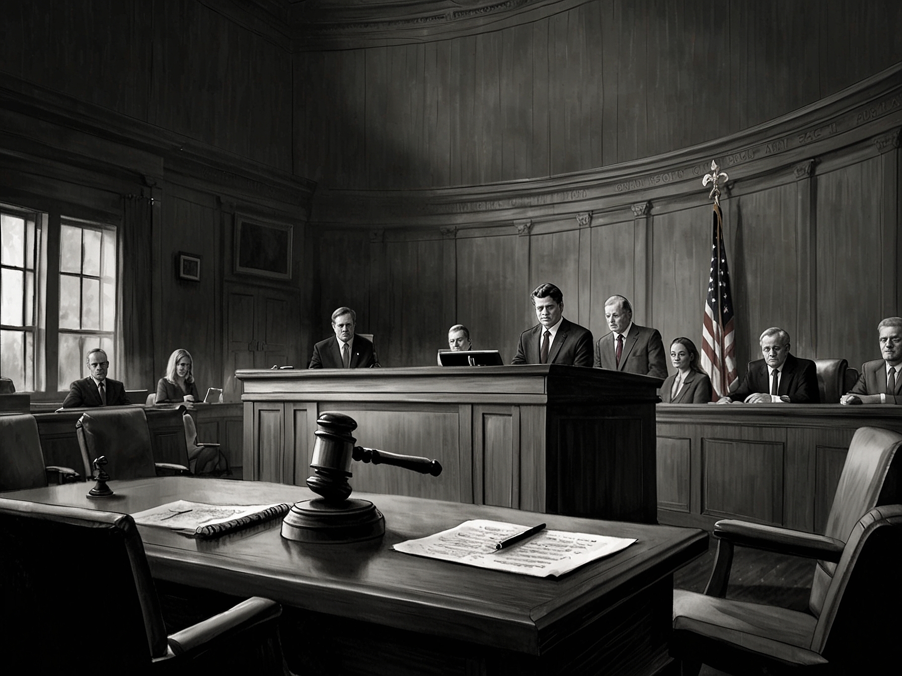 A somber courtroom scene showing a legal setting with a gavel, symbolizing the gravity of the allegations against Matt Gaetz and the implications for justice and ethics in politics.