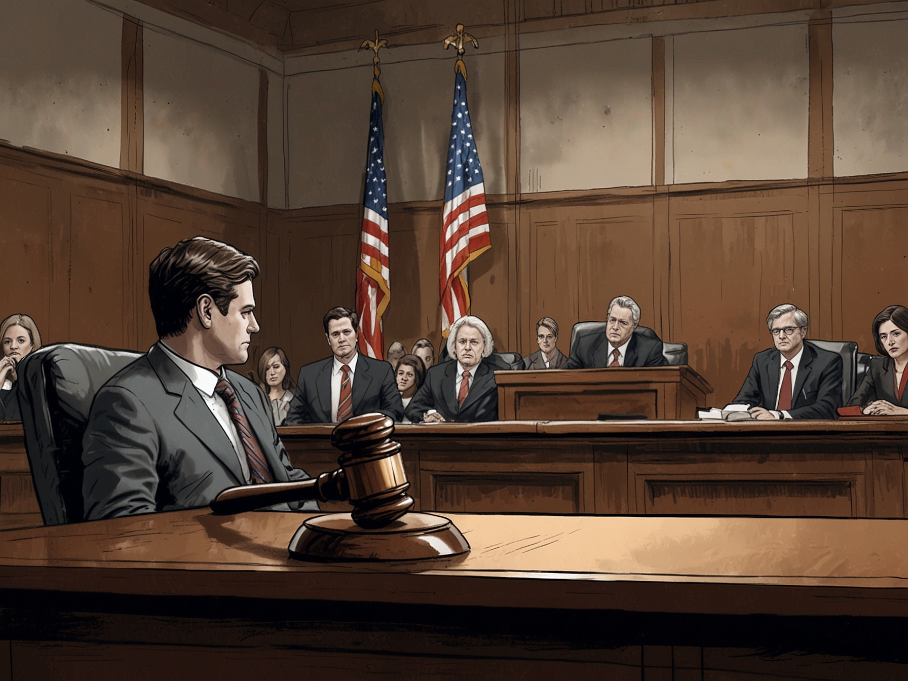 A divided political scene with images of Gaetz, protestors, and news headlines about the allegations, illustrating public concern over trust and accountability in politics.