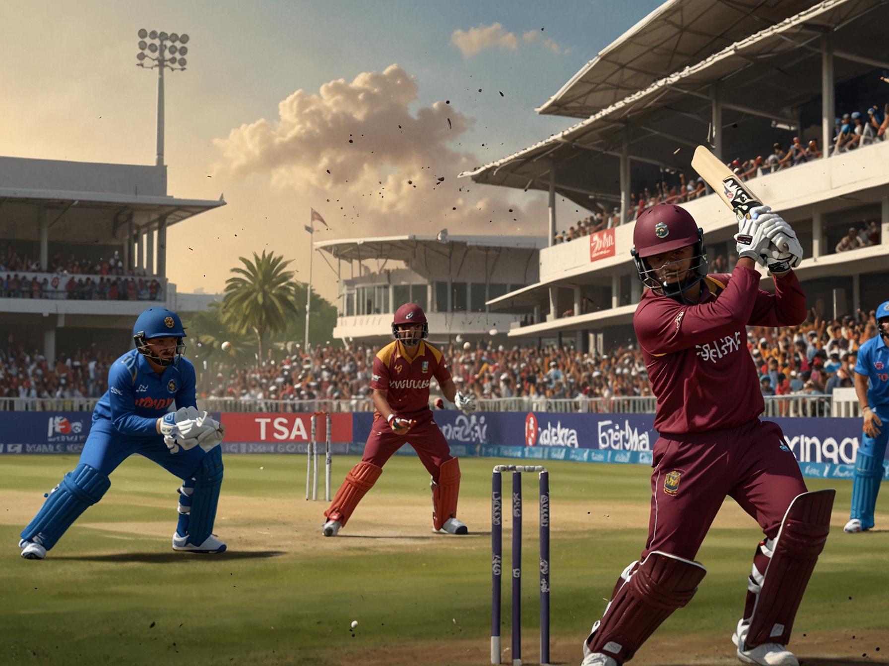 An action-packed cricket match featuring players from the Qatar and Thailand teams, showcasing the energy and competitive spirit of the T20 World Cup qualifiers with fans cheering in the background.