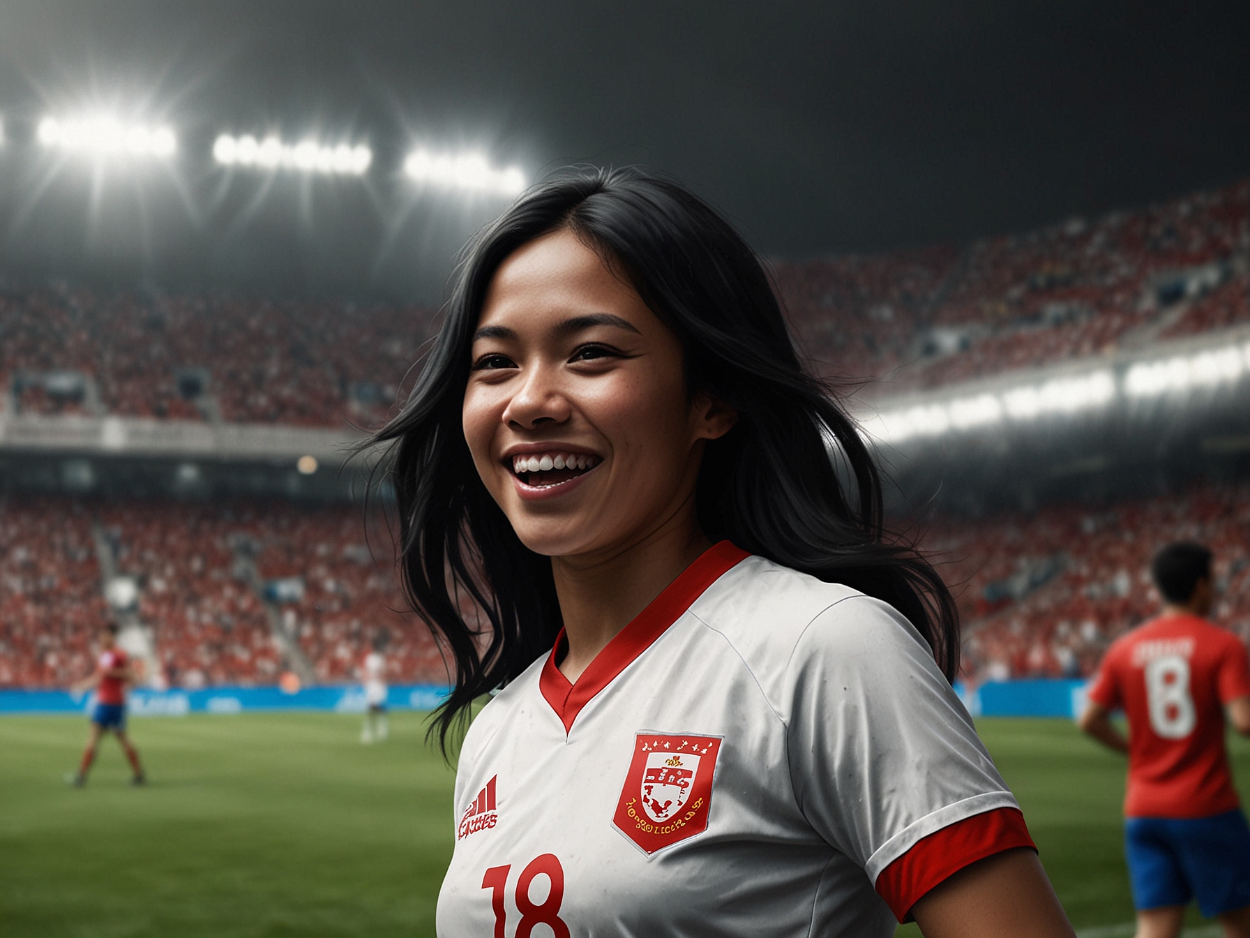 A joyful photograph of Fitri Carlina and Fefe embracing during a football match, both smiling widely and wearing Indonesia team jerseys, symbolizing their shared excitement and support.