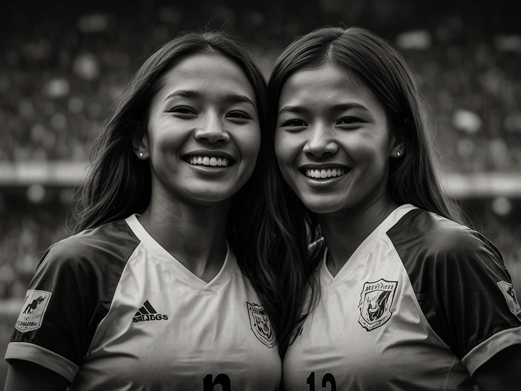 Fitri and Fefe cheering enthusiastically with friends in a packed stadium, their expressions radiating joy and camaraderie among passionate football fans.