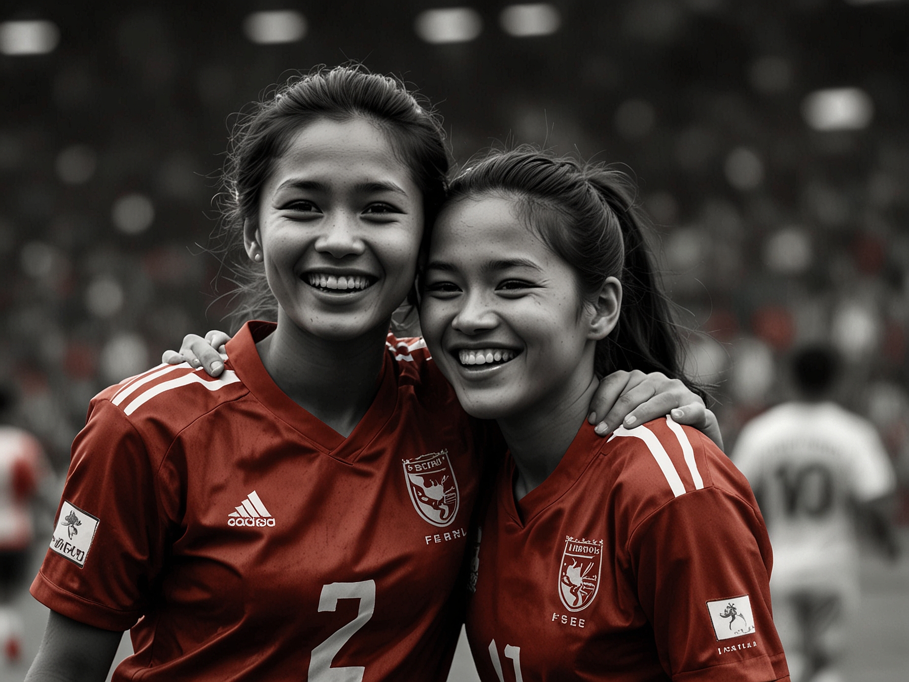 Close-up of Fitri and Fefe sharing a laugh, capturing the essence of friendship and the community spirit that sports foster among supporters in Indonesia.