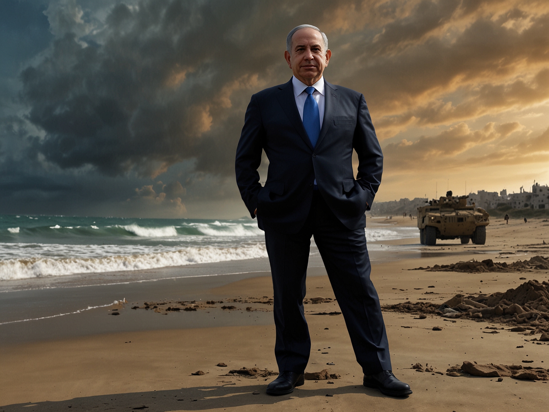 An image capturing Netanyahu in battle gear, standing on the Gaza shoreline, speaking sternly to the camera, set against a dramatic sky reflecting the tension of the ongoing conflict.