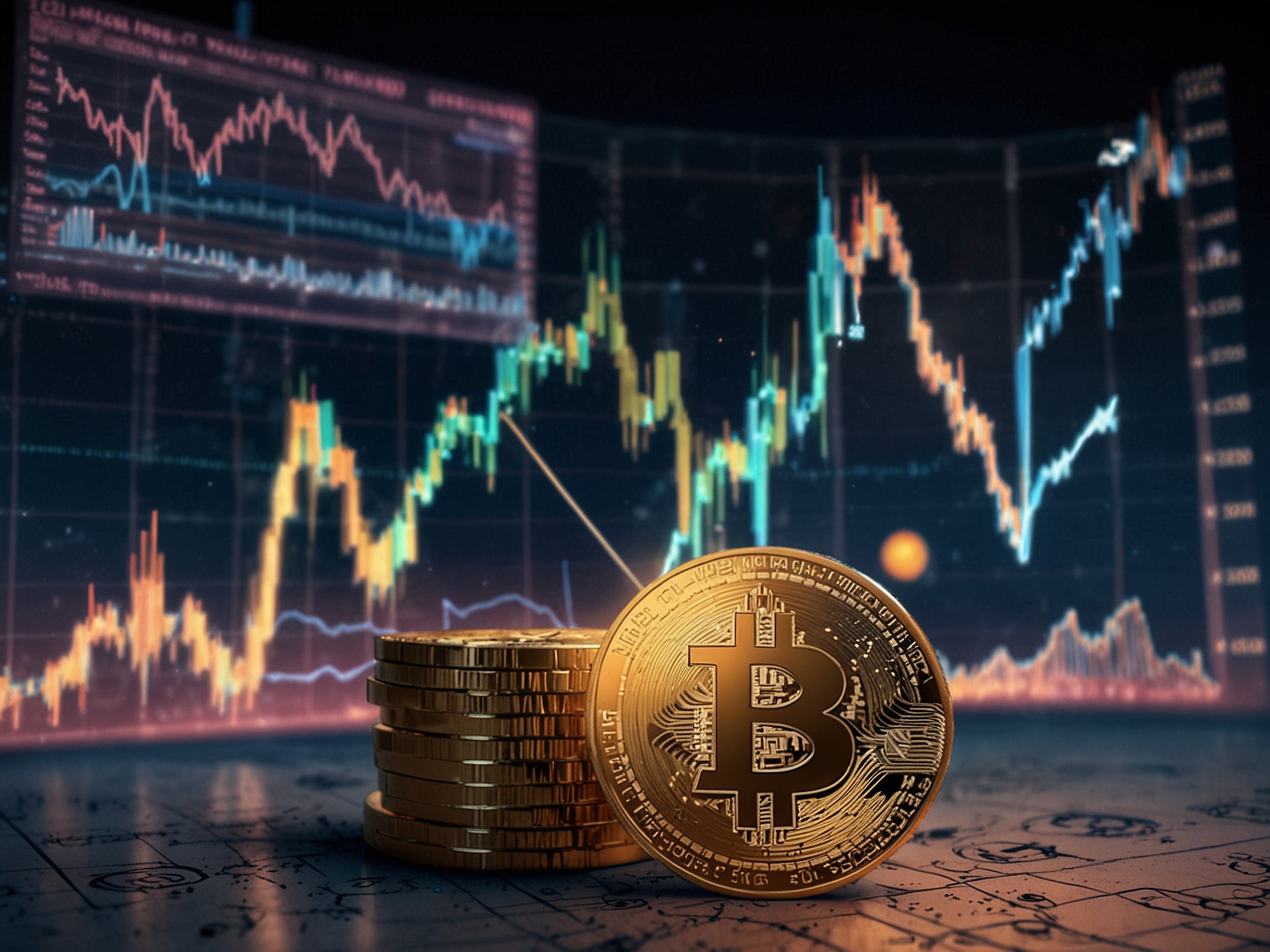 A futuristic depiction of Bitcoin as digital gold, shining with potential amidst financial charts and statistics illustrating its recent surge in value.