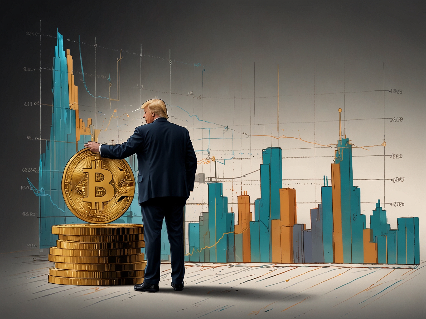 A bustling trading floor with screens displaying Bitcoin prices, traders eagerly discussing the recent growth and potential implications of a Trump-backed cryptocurrency initiative.