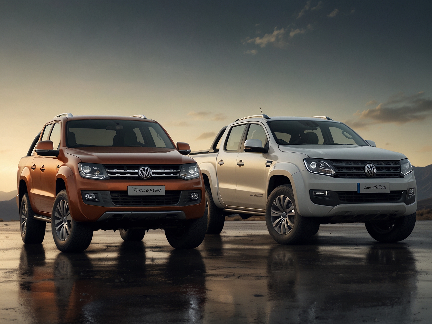 A vibrant shot of the Volkswagen Amarok driving on a rugged road, symbolizing the versatility and power of the pickup truck in various terrains and conditions.