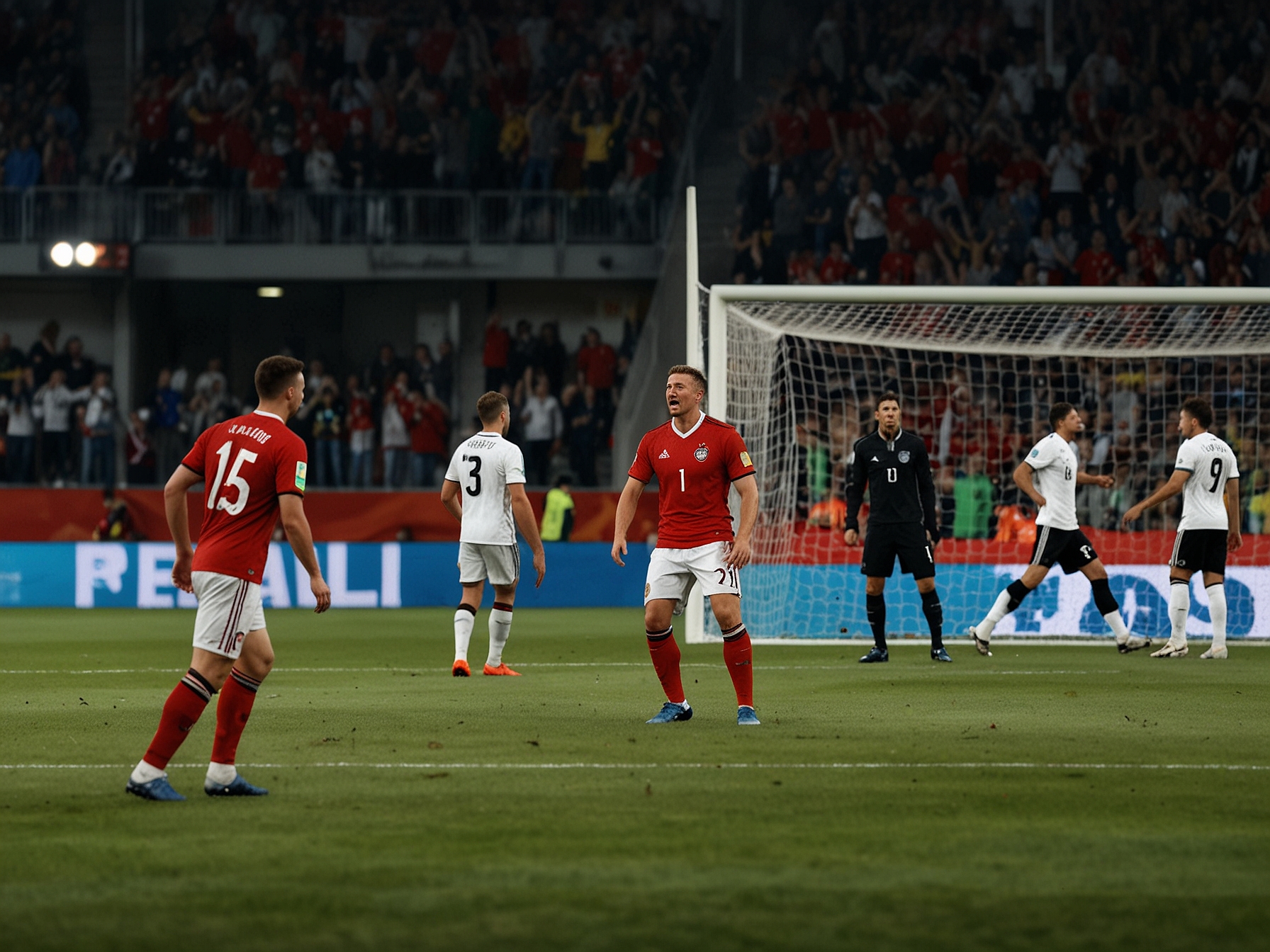 An intense moment from the Nations League match between Germany and Hungary, showcasing players in action with fans in the background expressing mixed emotions.