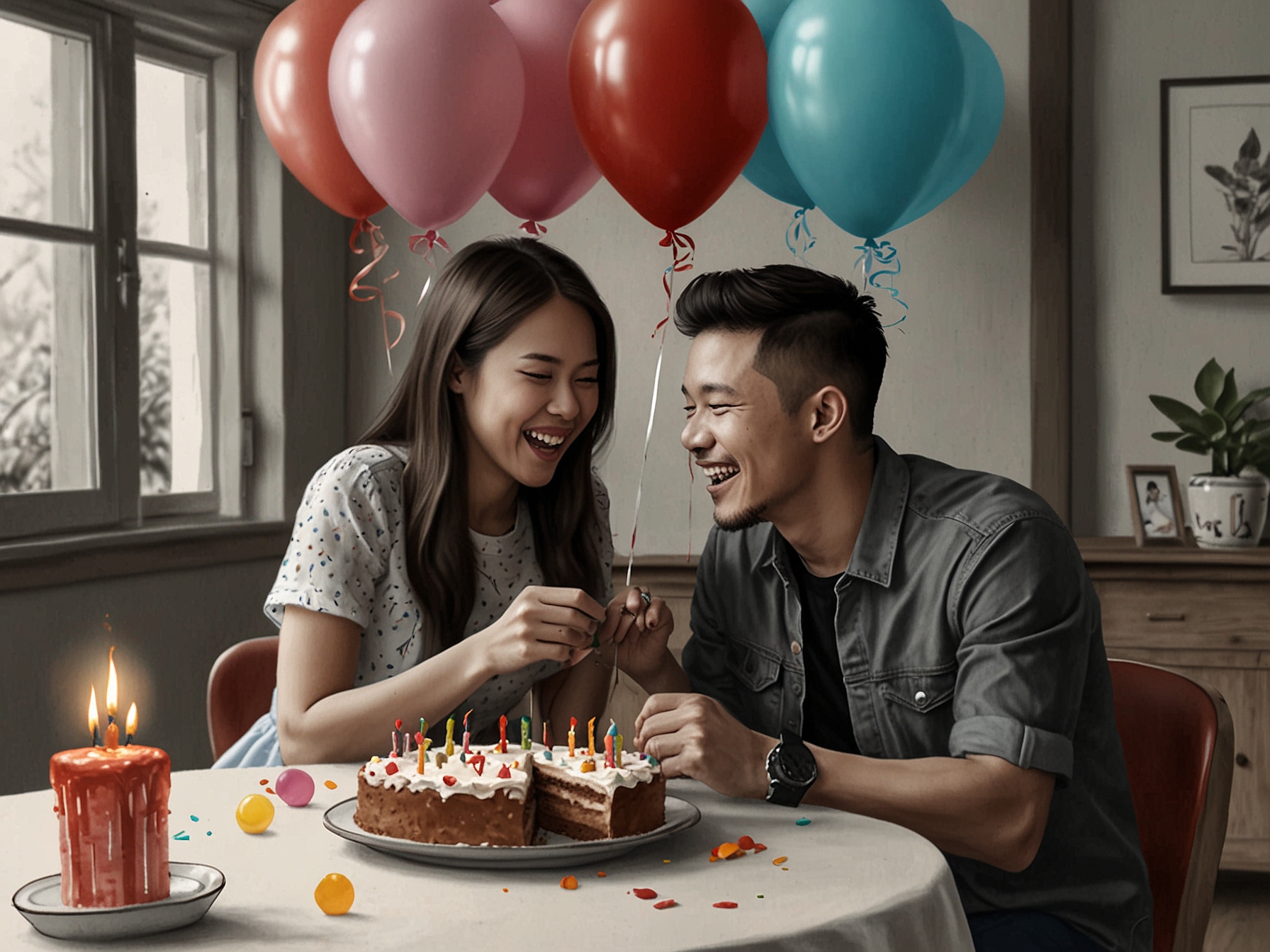 An image capturing the charming moments of Randy Martin and Lyodra Ginting at a birthday celebration, highlighting their playful interactions and the shared heart emoji, showcasing their blossoming connection.