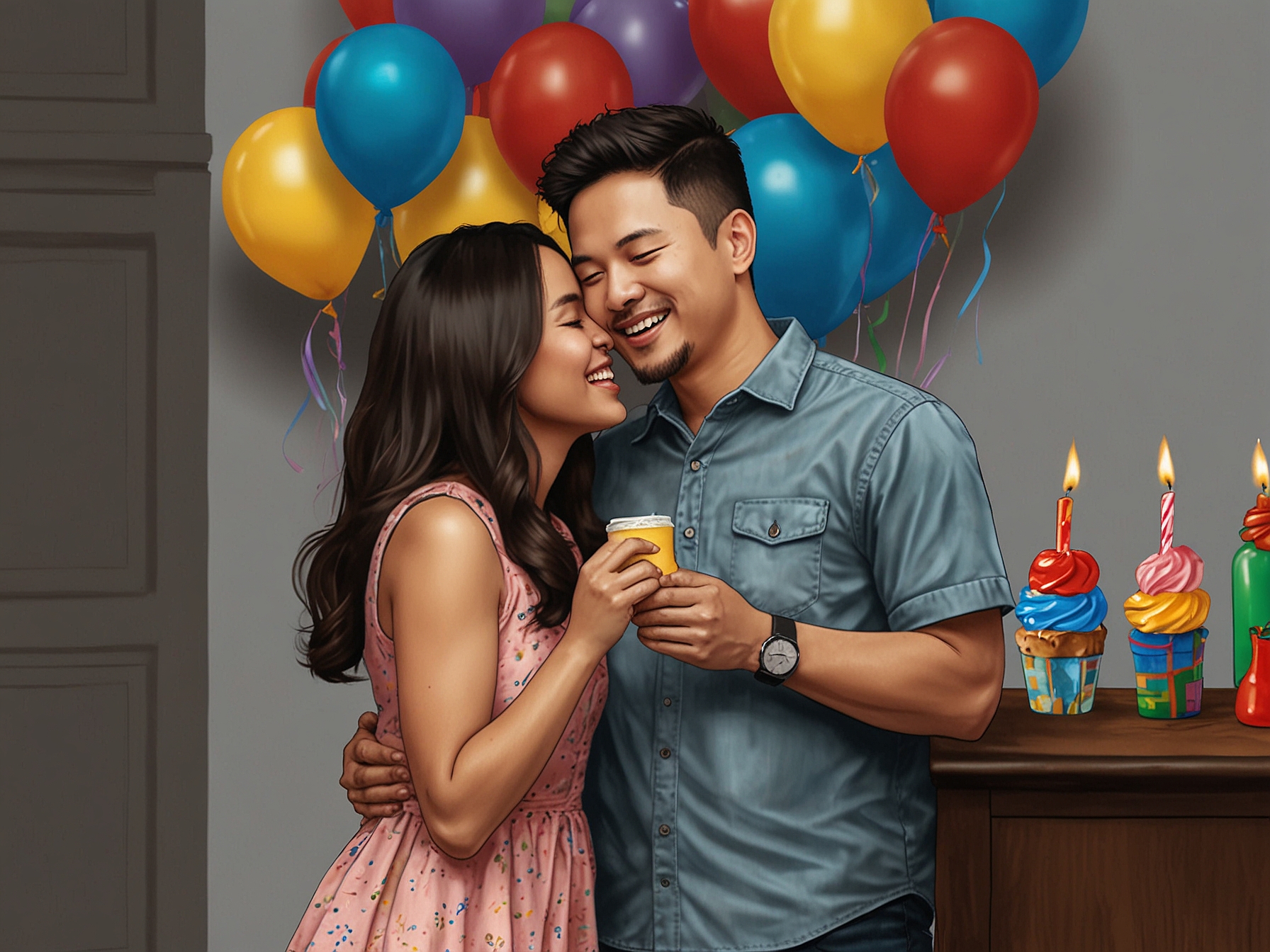 A snapshot of Randy Martin feeding Lyodra Ginting cake, symbolizing their close bond and playful romance during a lively birthday party.