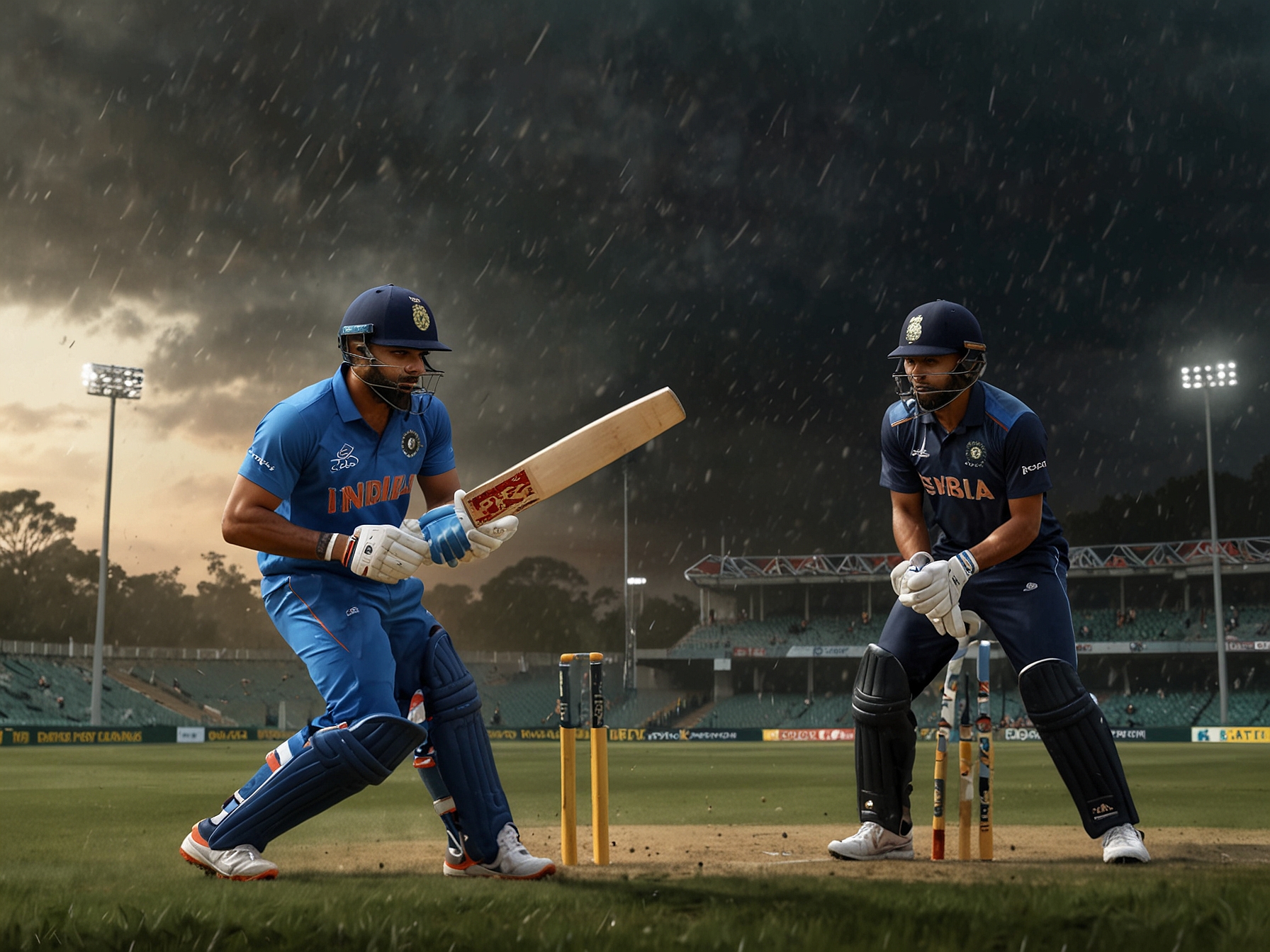 An intense cricket practice session under heavy rain in Perth, featuring Virat Kohli focused on his batting technique while Dhruv Jurel practices alongside him, showcasing resilience and determination.