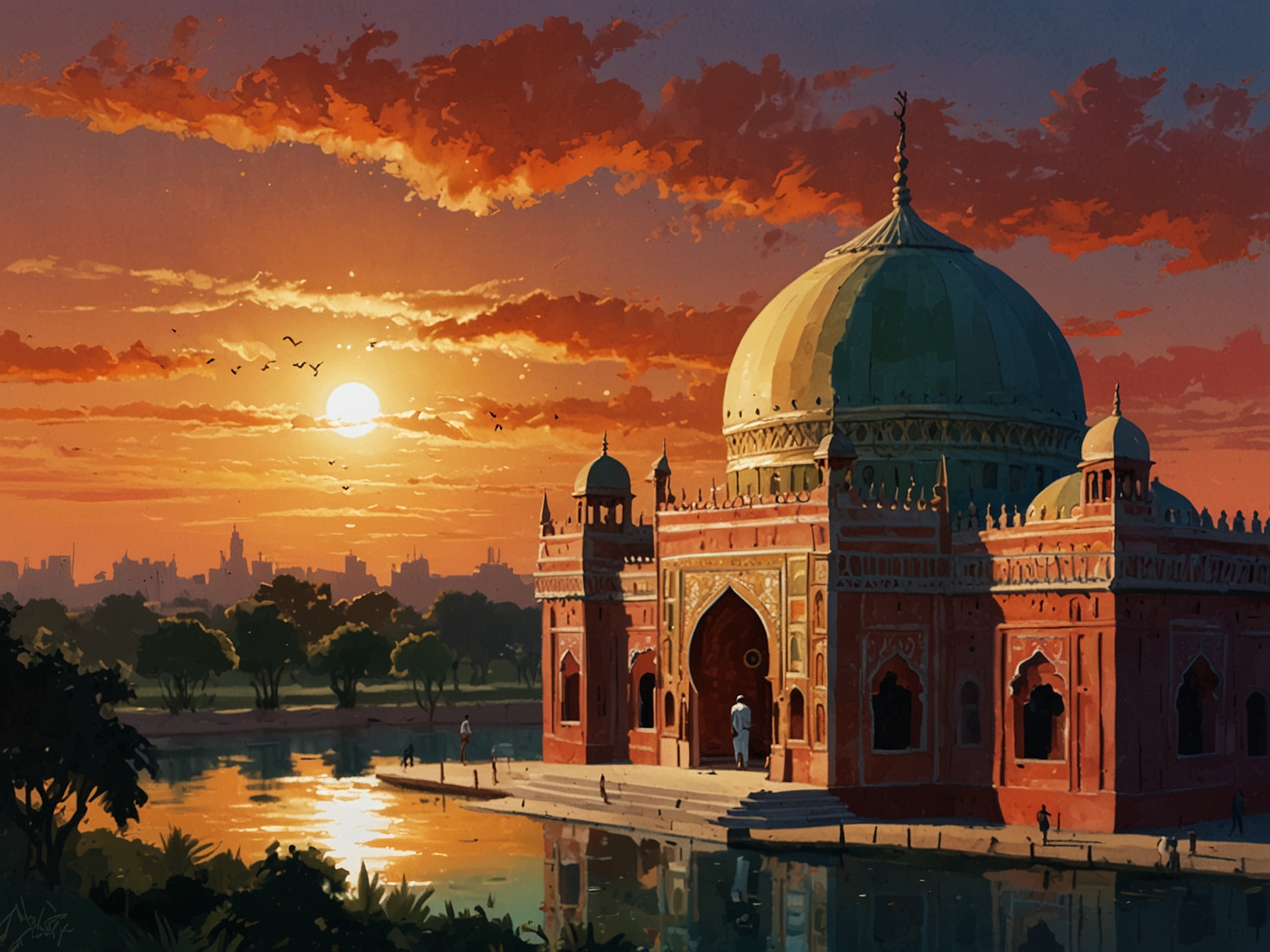 A serene sunset at a Sufi shrine in Chennai, where AR Rahman and Saira Banu first met, symbolizing their deep spiritual connection and love story.