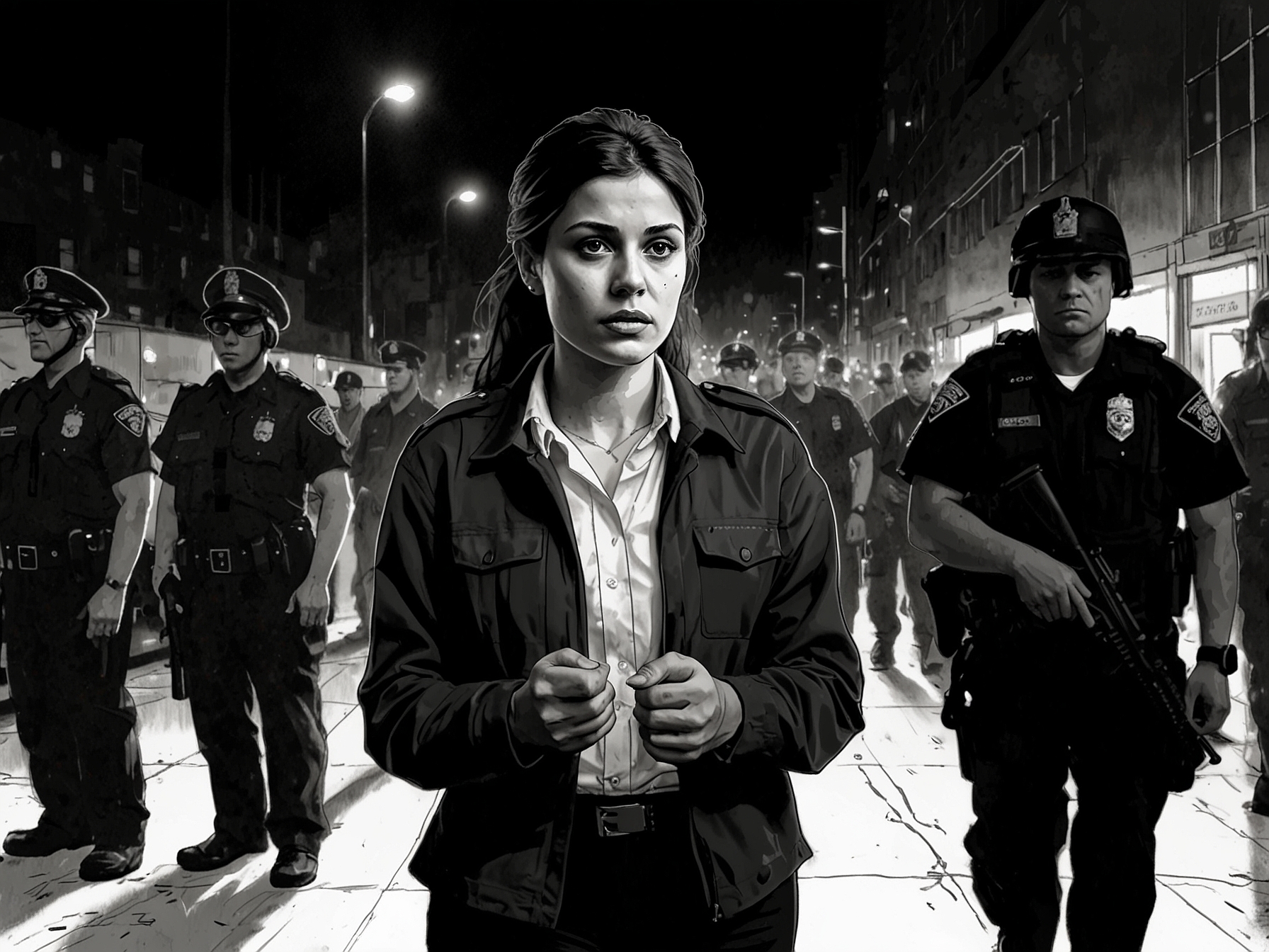 A somber image of Natacha Horana, handcuffed, with a backdrop of flashing police lights and media cameras capturing the dramatic scene. Her expression reflects a mix of shock and distress amidst the chaos.