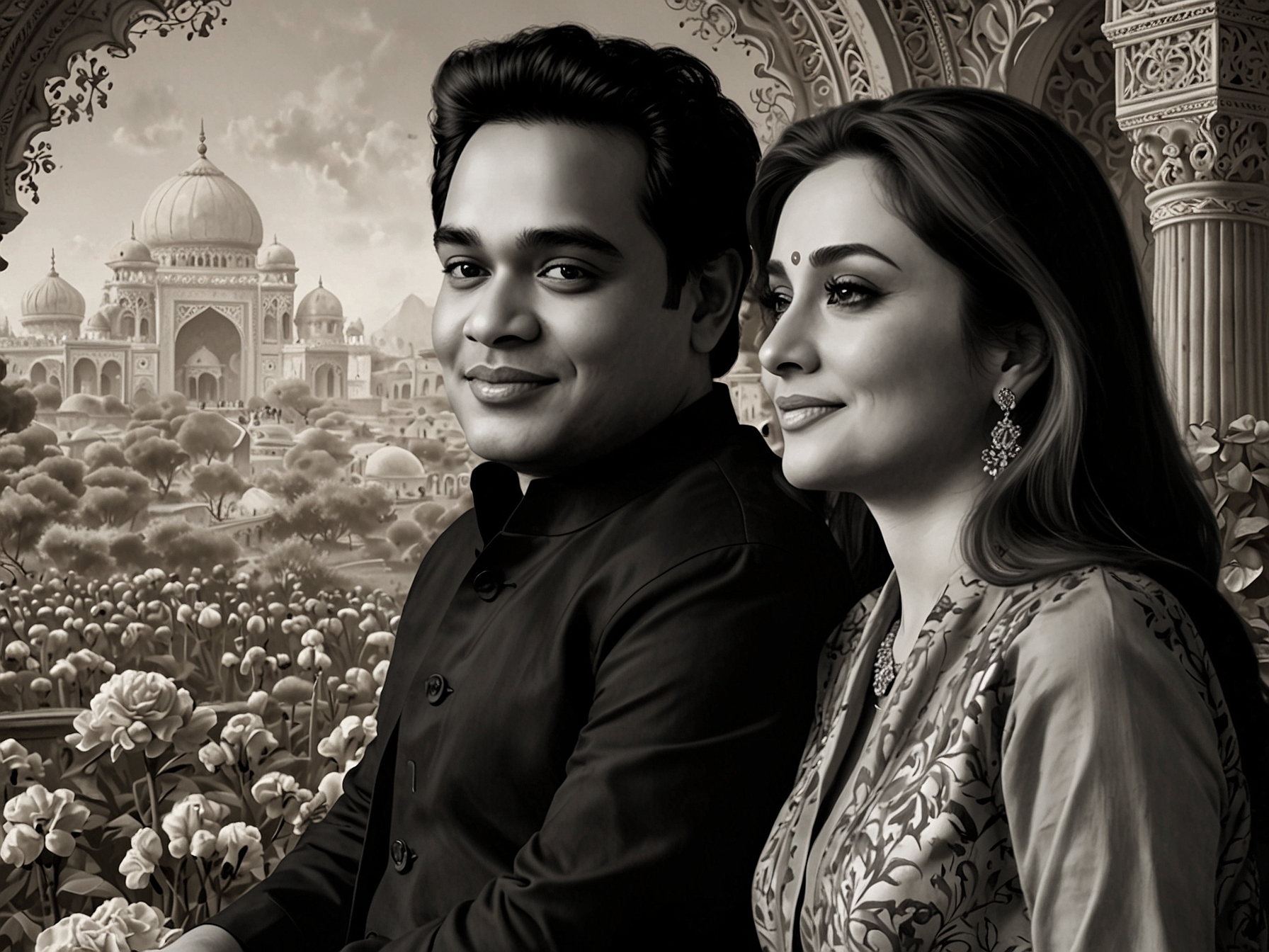 A poignant scene capturing AR Rahman and Saira Banu together at a past event, radiating happiness against a backdrop of intricate floral decor, symbolizing their long relationship.